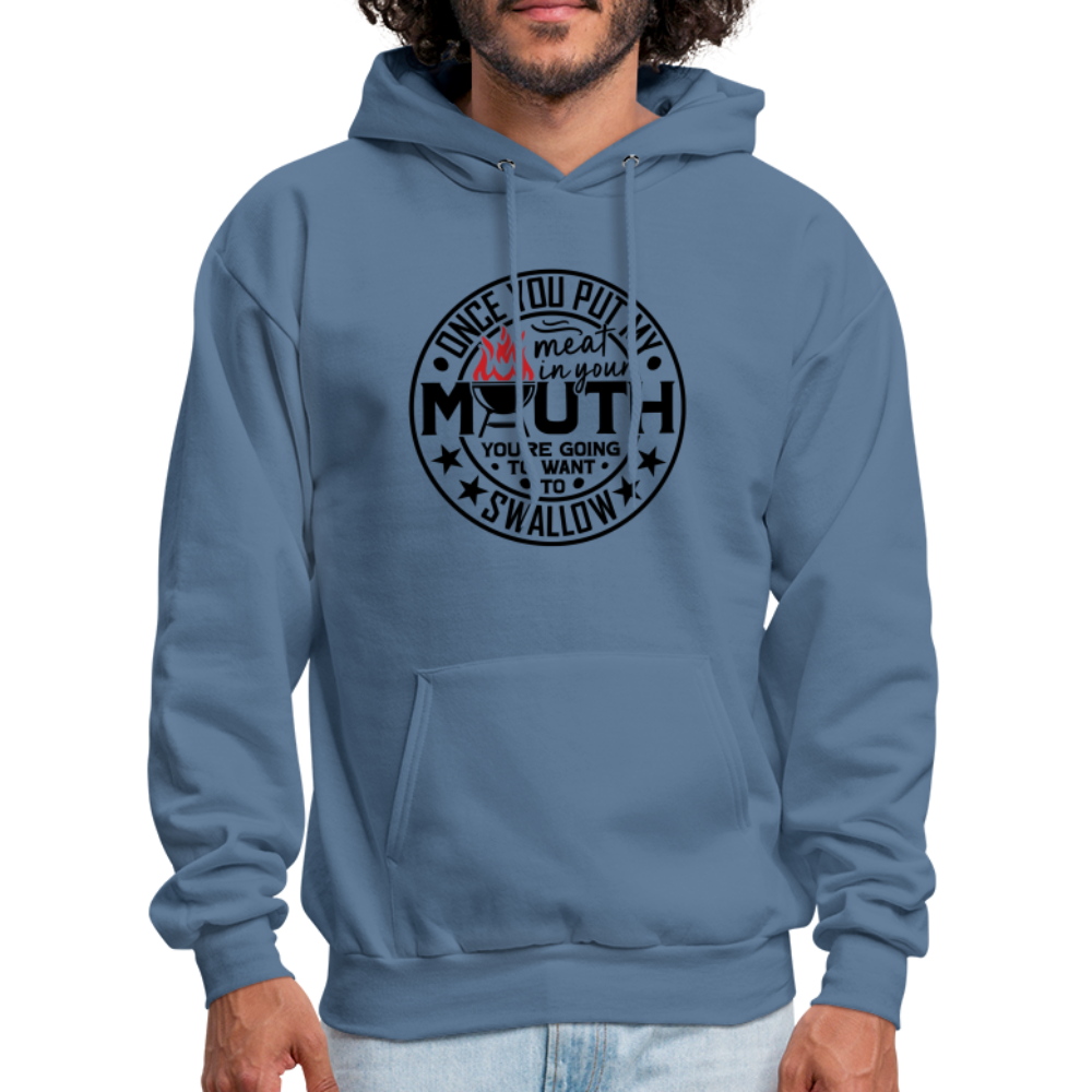 Meat in Mouth, Swallow (Funny BBQ Grilling Humor) Hoodie Color: Sand