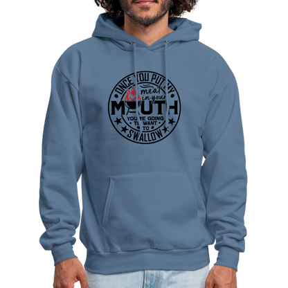 Meat in Mouth, Swallow (Funny BBQ Grilling Humor) Hoodie Color: Sand