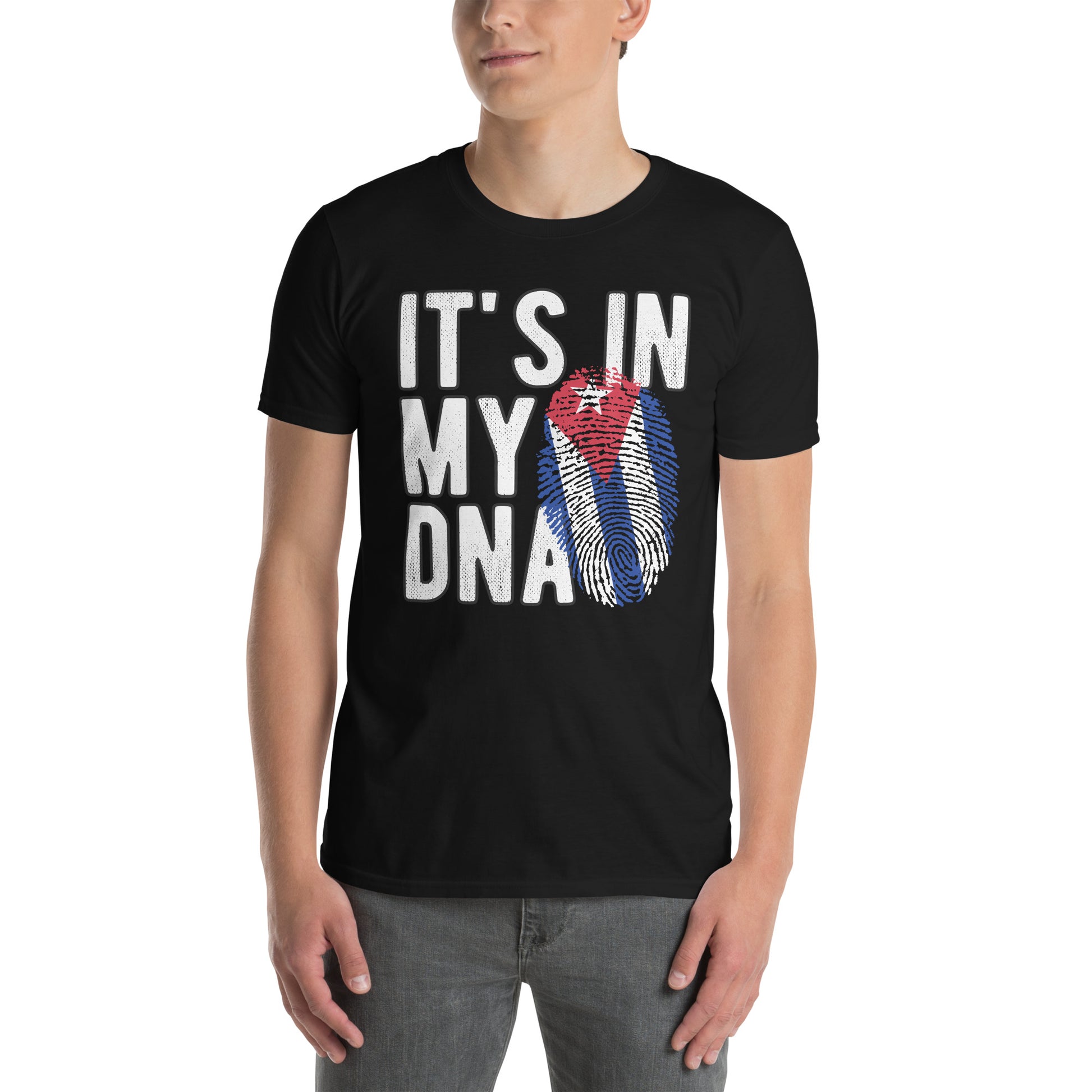 Cuban DNA T-Shirt – Fingerprint Flag Design Color: Black