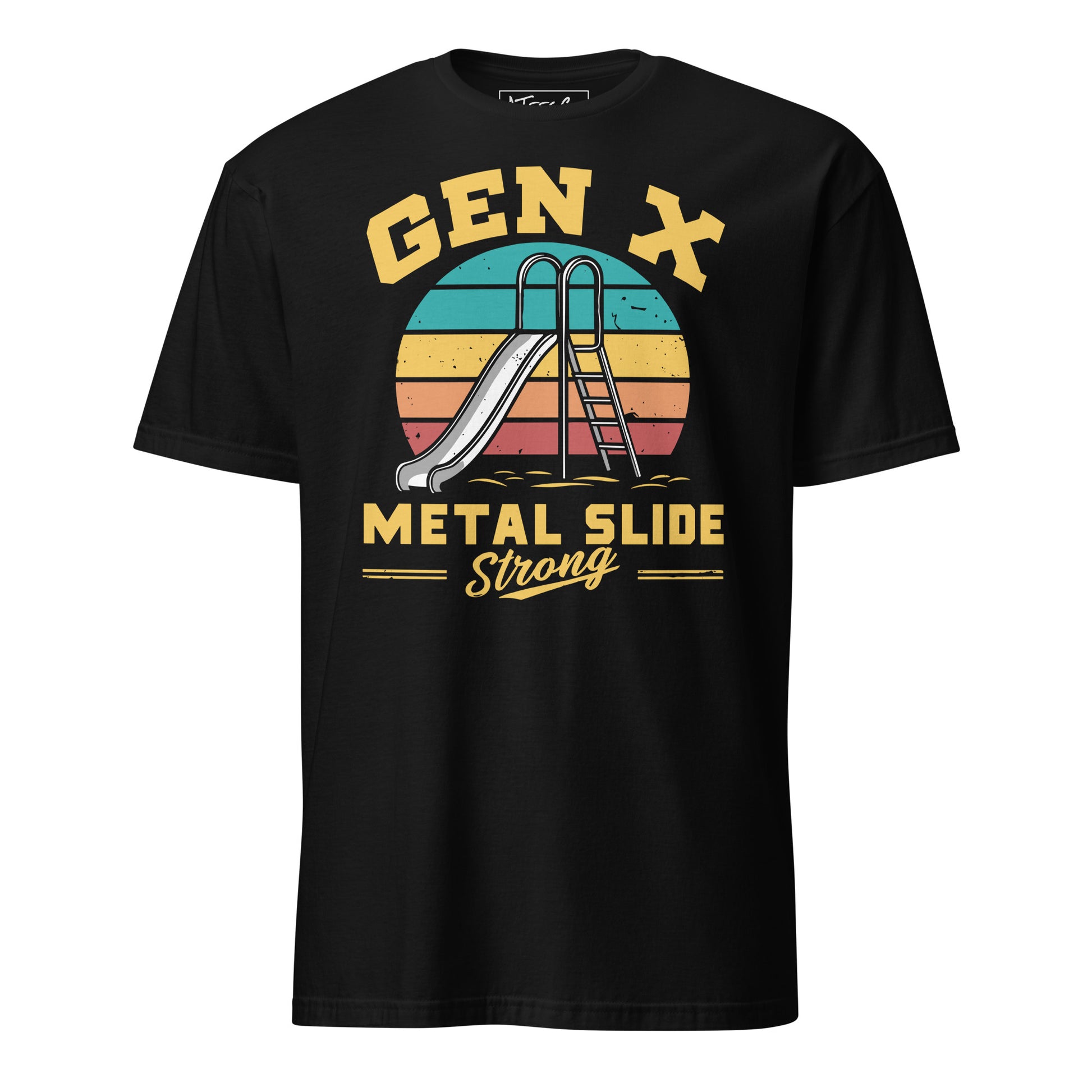 Gen-X Metal Slide Strong T-Shirt – Funny Retro Graphic Tee for Tough ’80s & ’90s Kids Color: Black