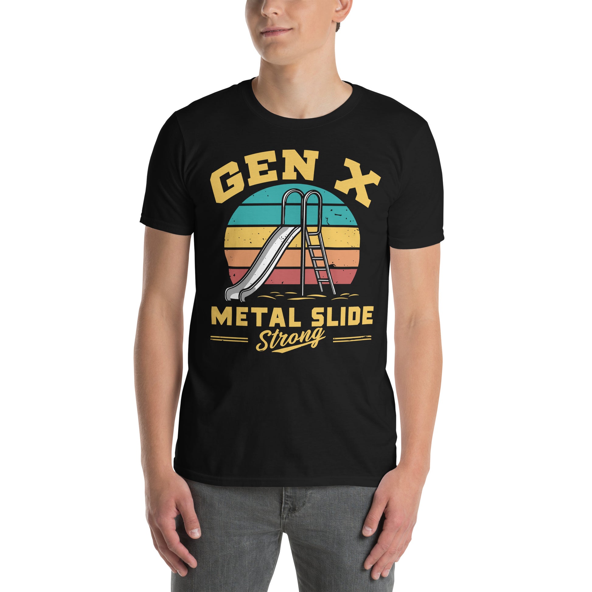 Gen-X Metal Slide Strong T-Shirt – Funny Retro Graphic Tee for Tough ’80s & ’90s Kids Color: Black