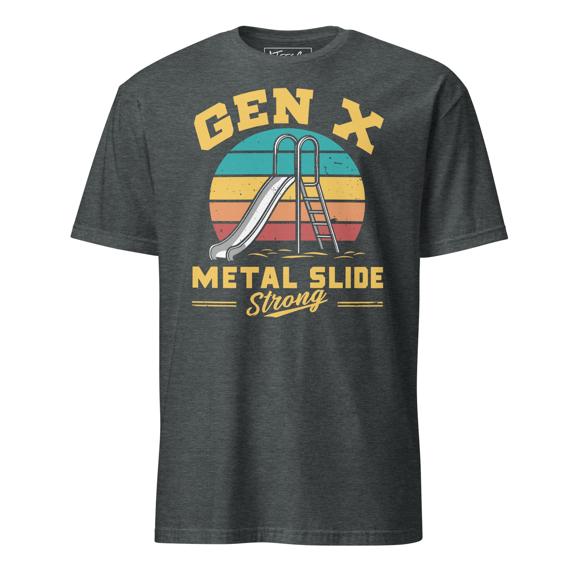 Gen-X Metal Slide Strong T-Shirt – Funny Retro Graphic Tee for Tough ’80s & ’90s Kids Color: Dark Heather