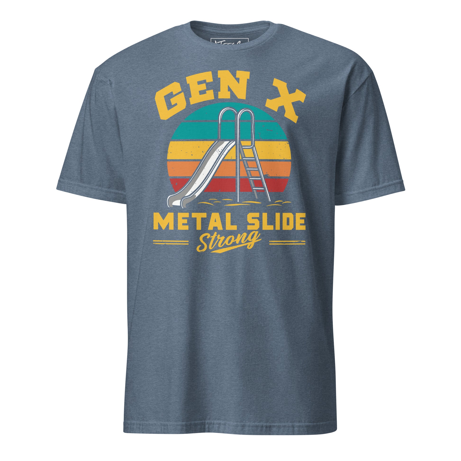 Gen-X Metal Slide Strong T-Shirt – Funny Retro Graphic Tee for Tough ’80s & ’90s Kids Color: Heather Indigo