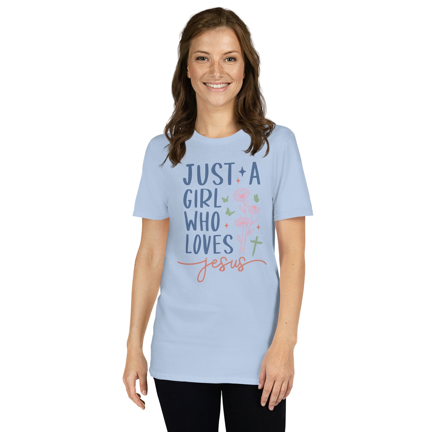 Just A Girl Who Loves Jesus Softstyle T-Shirt - Color: Light Blue