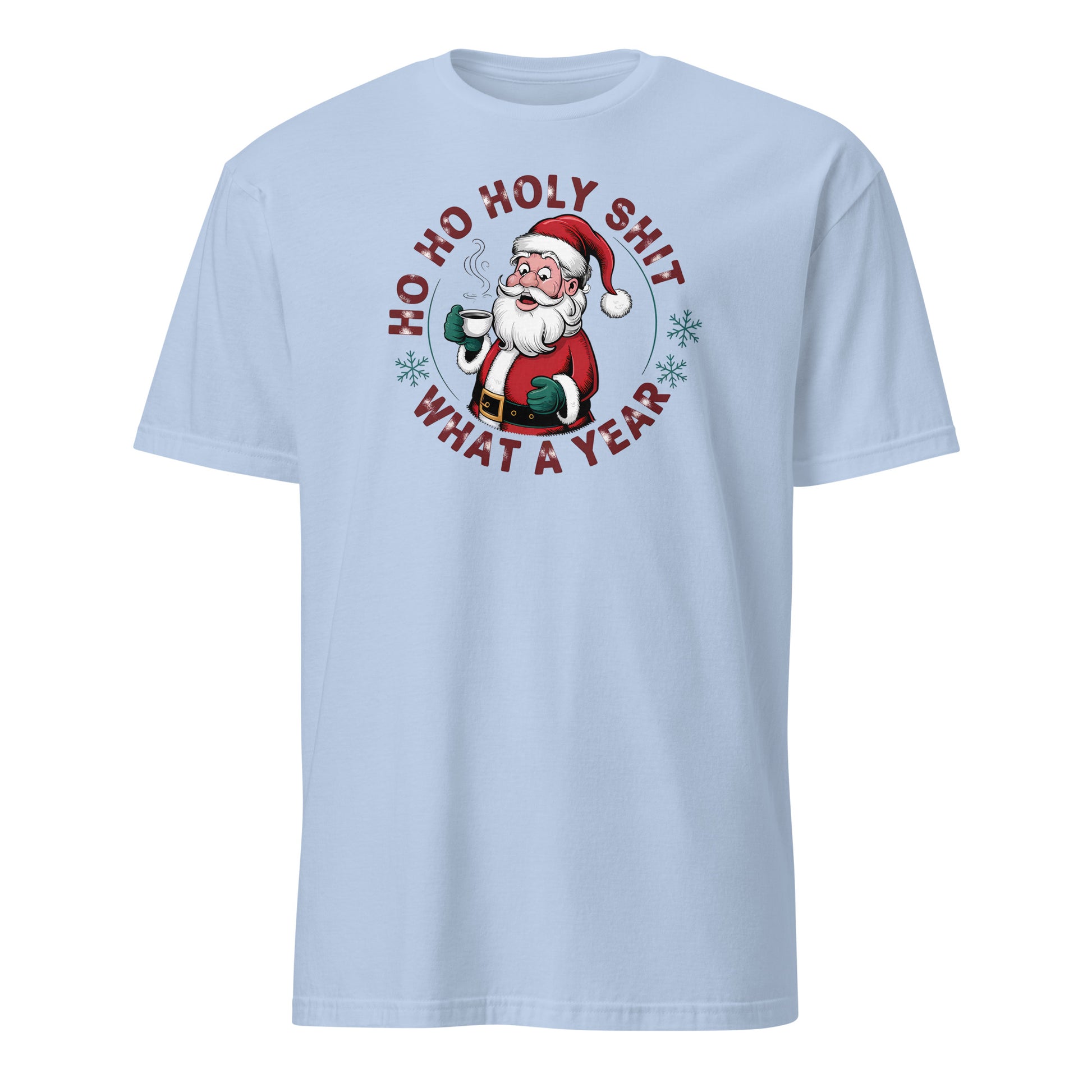 Ho Ho Holy Shit What A Year (Funny Christmas Santa) T-Shirt - Color: Light Blue