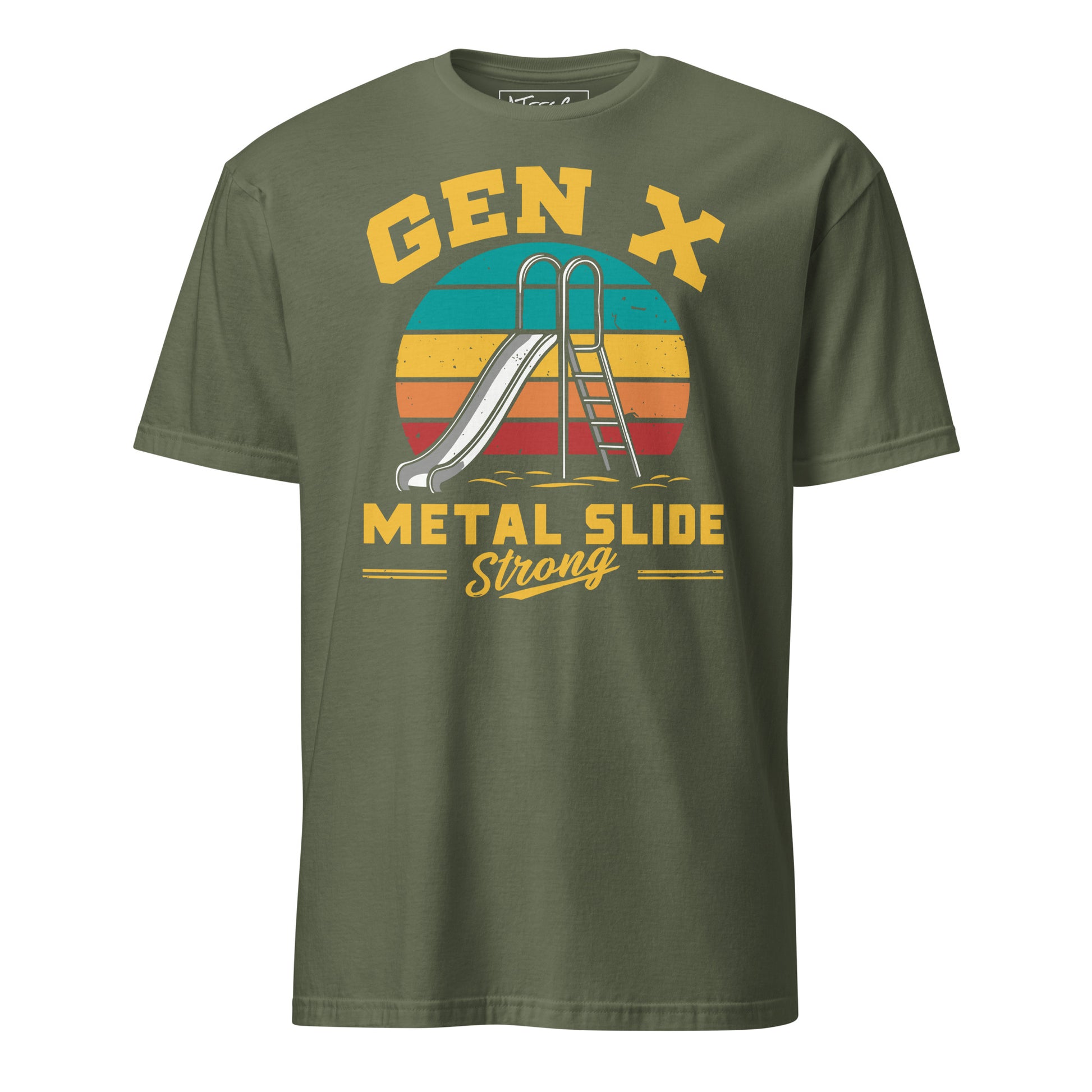 Gen-X Metal Slide Strong T-Shirt – Funny Retro Graphic Tee for Tough ’80s & ’90s Kids Color: Military Green