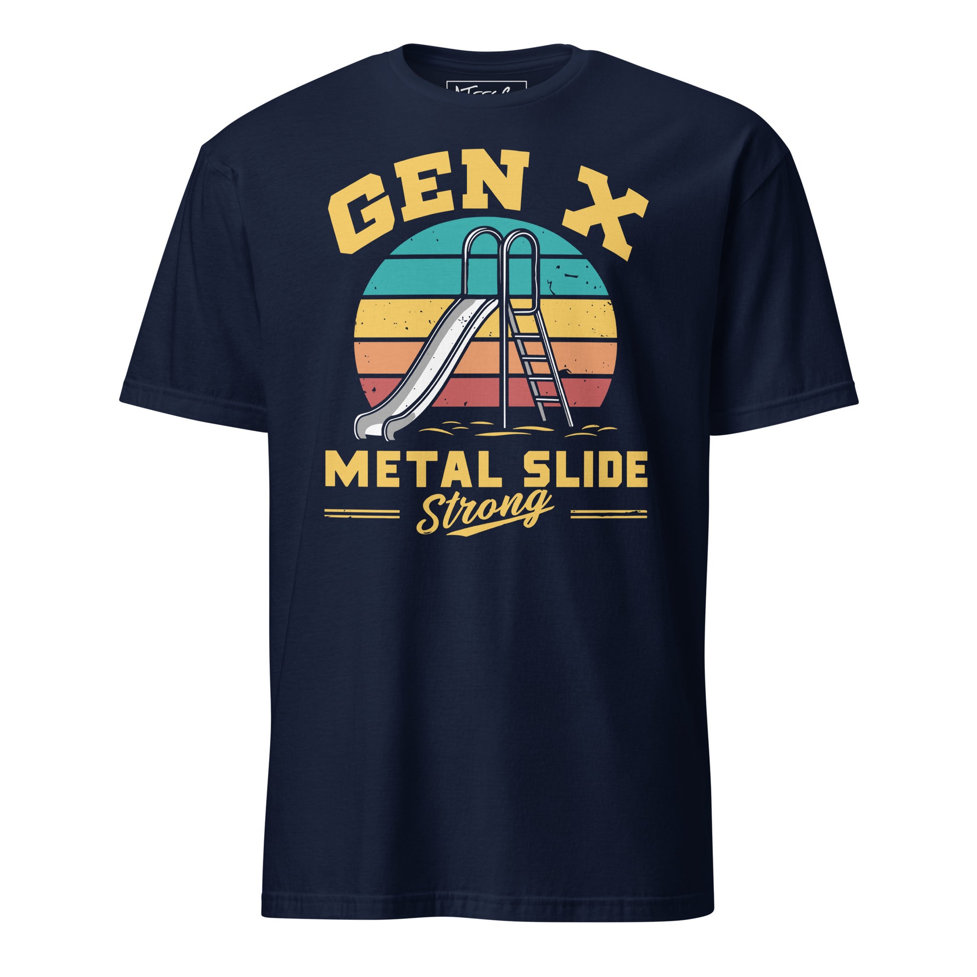 Gen-X Metal Slide Strong T-Shirt – Funny Retro Graphic Tee for Tough ’80s & ’90s Kids Color: Navy