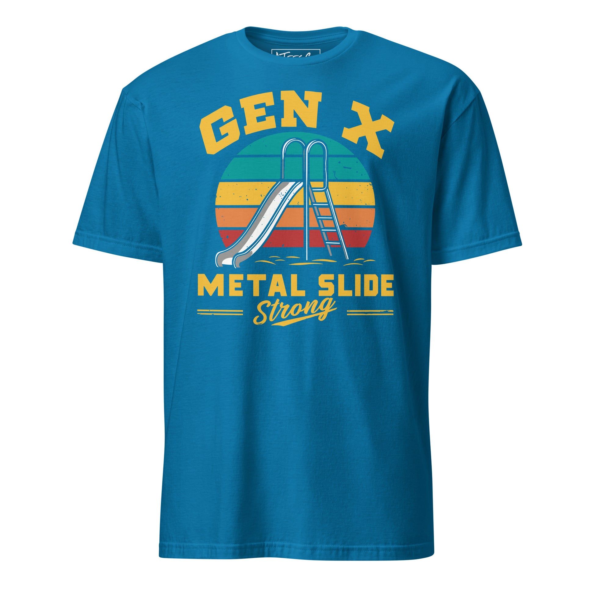 Gen-X Metal Slide Strong T-Shirt – Funny Retro Graphic Tee for Tough ’80s & ’90s Kids Color: Sapphire