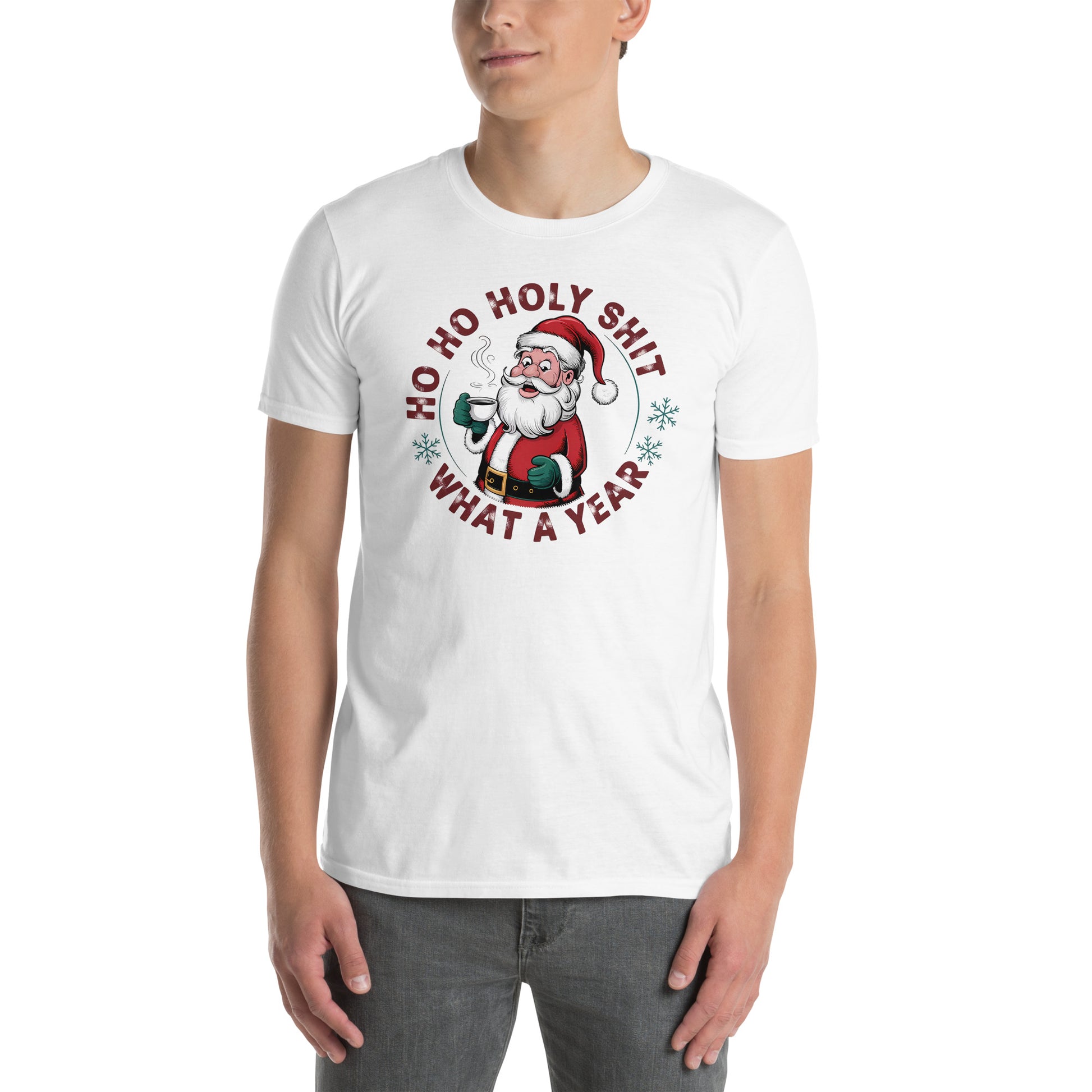 Ho Ho Holy Shit What A Year (Funny Christmas Santa) T-Shirt - Color: Red