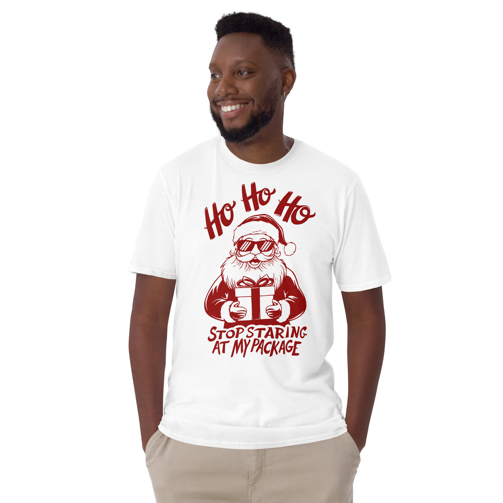 Ho Ho Ho Stop Staring At My Package (Funny Santa) T-Shirt Color: Light Blue