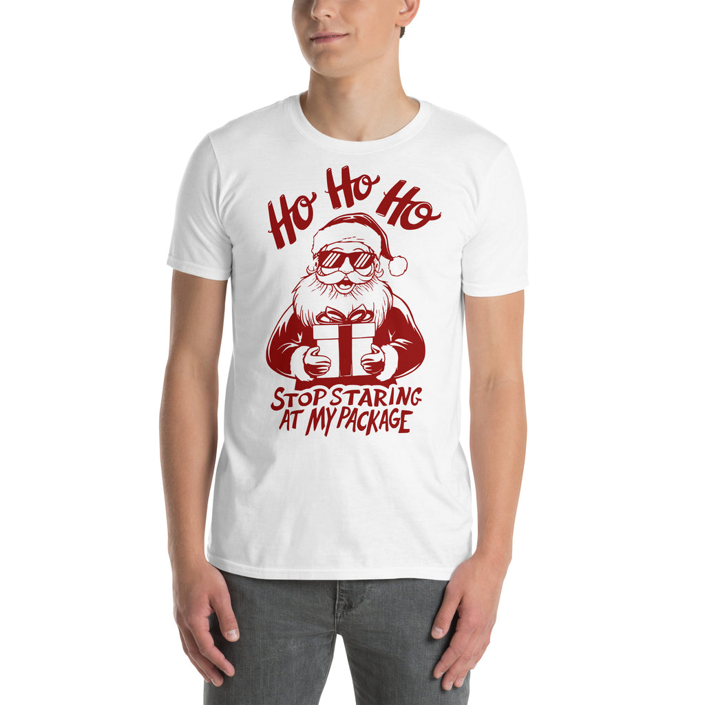 Ho Ho Ho Stop Staring At My Package (Funny Santa) T-Shirt Color: Light Blue
