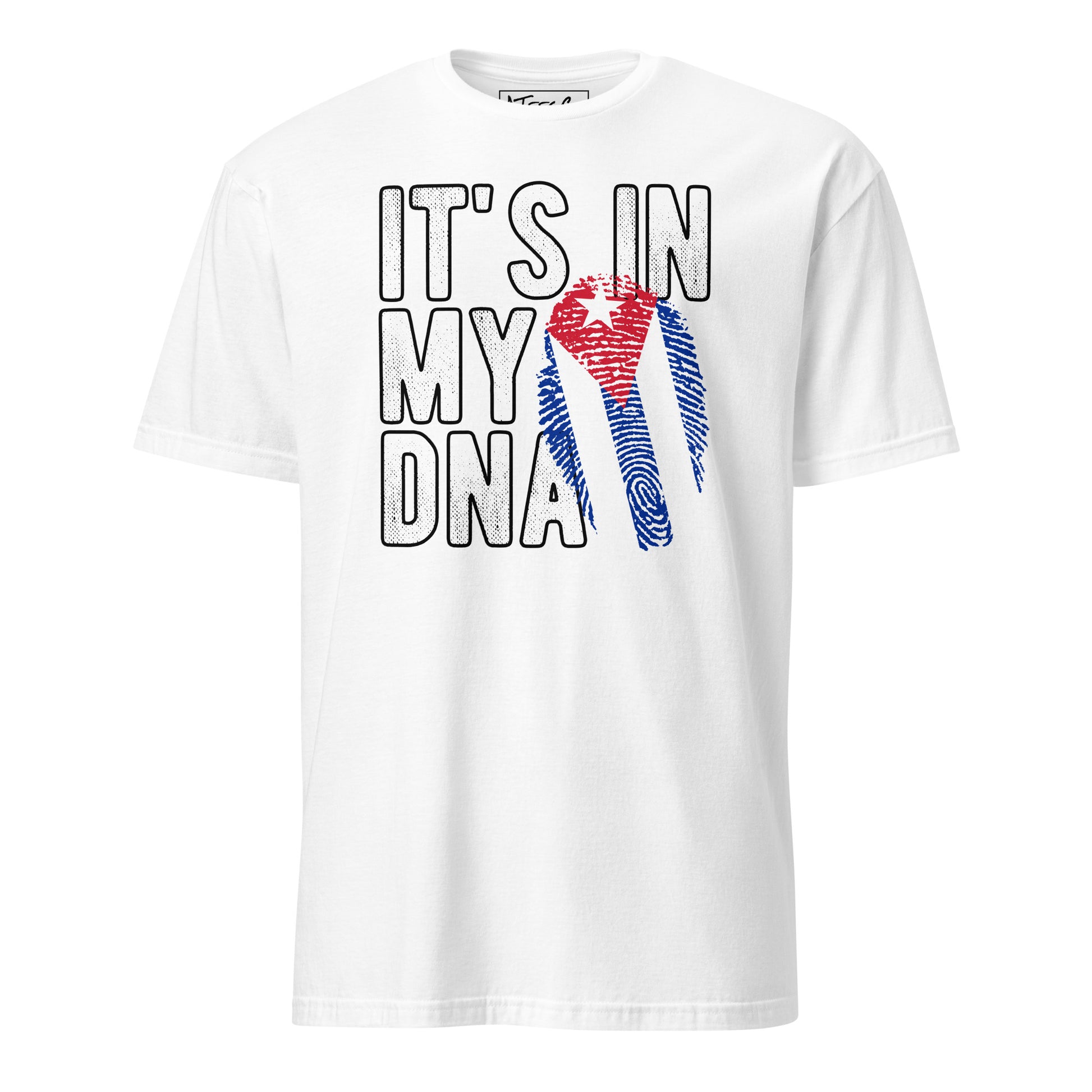 Cuban DNA T-Shirt – Fingerprint Flag Design Color: White