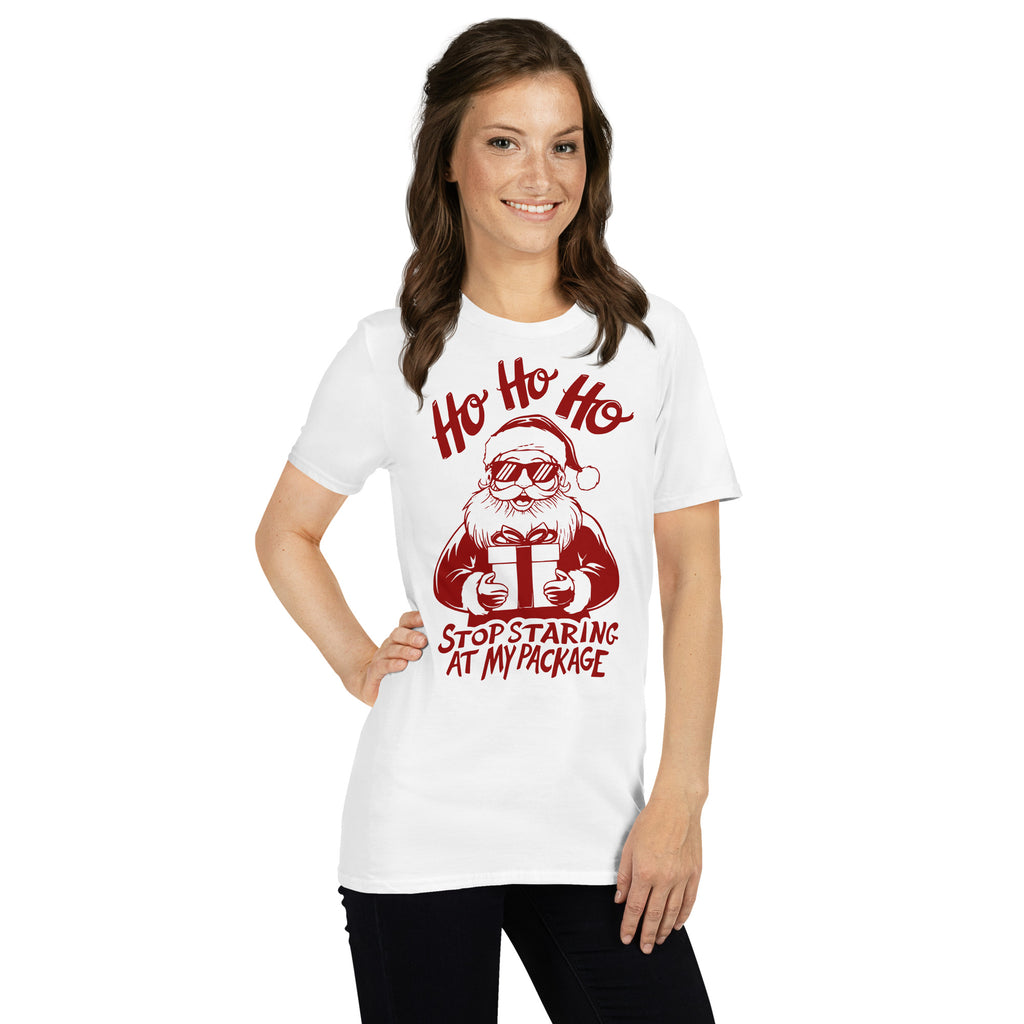 Ho Ho Ho Stop Staring At My Package (Funny Santa) T-Shirt Color: Light Blue