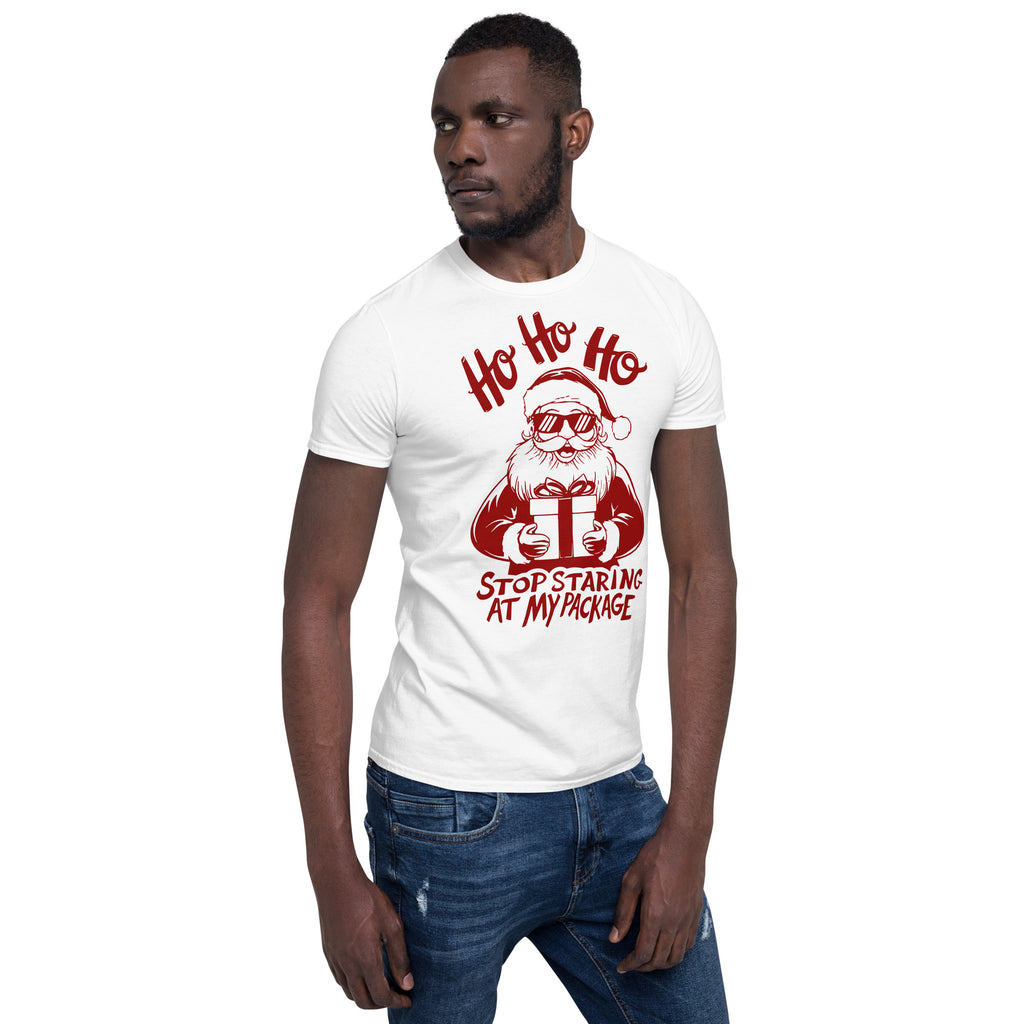 Ho Ho Ho Stop Staring At My Package (Funny Santa) T-Shirt Color: Light Blue