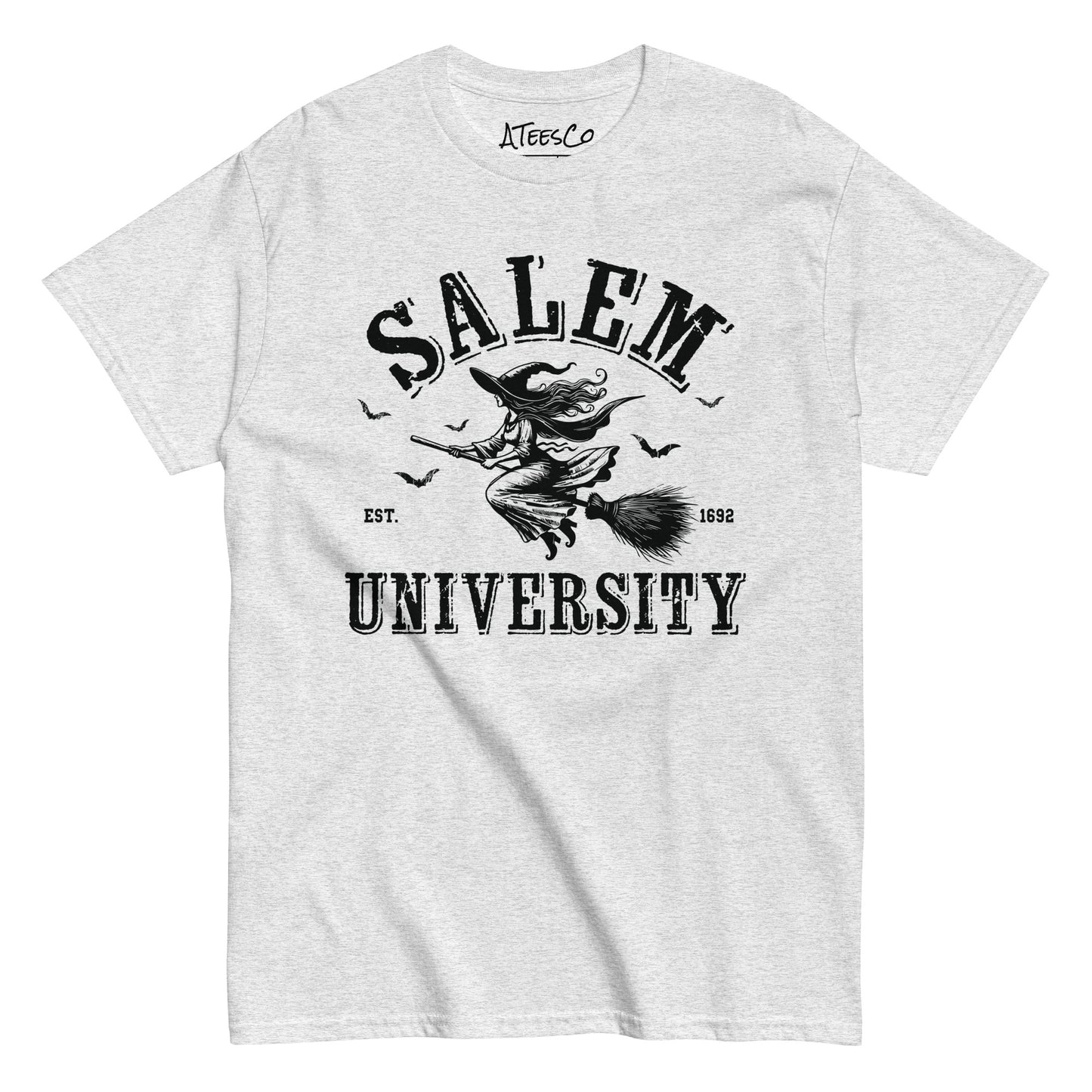 Salem University T-Shirt (Halloween Witch Riding Broom Tee) Color: Ash