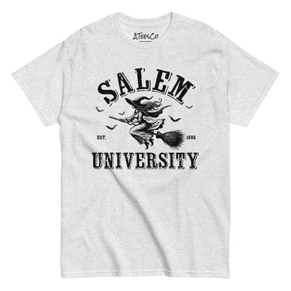 Salem University T-Shirt (Halloween Witch Riding Broom Tee) Color: Ash