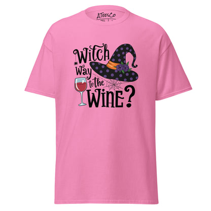 Witch Way To The Wine T-Shirt (Halloween Witch) Color: Azalea