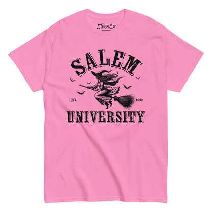 Salem University T-Shirt (Halloween Witch Riding Broom Tee) Color: Azalea