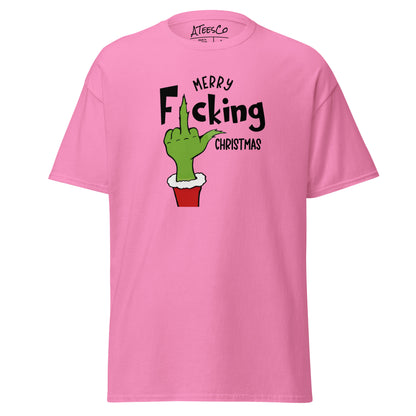 Merry F*cking Christmas grumpy Middle Finger Graphic Tee Shirt - Color: Azalea - T-Shirt