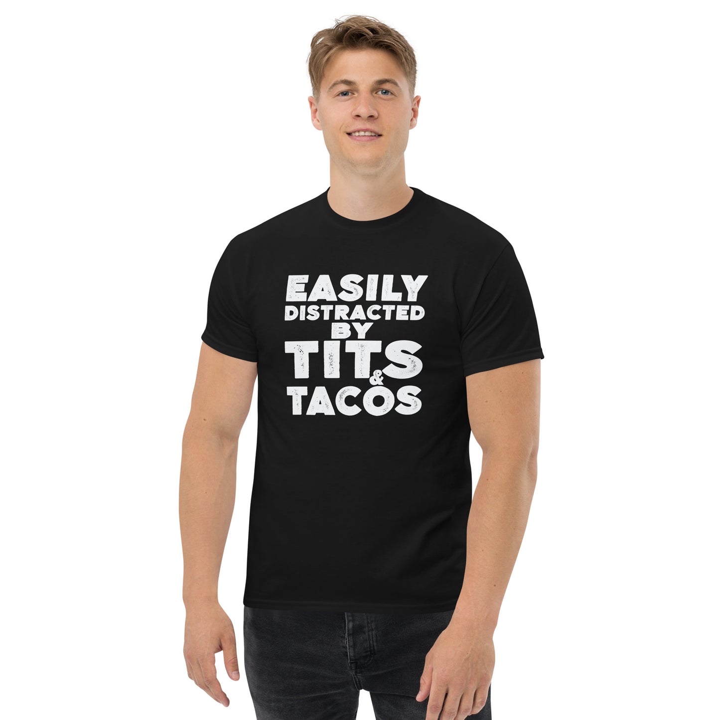 Easily Distracted by Tits and Tacos Graphic Tee Shirt - Color: Black