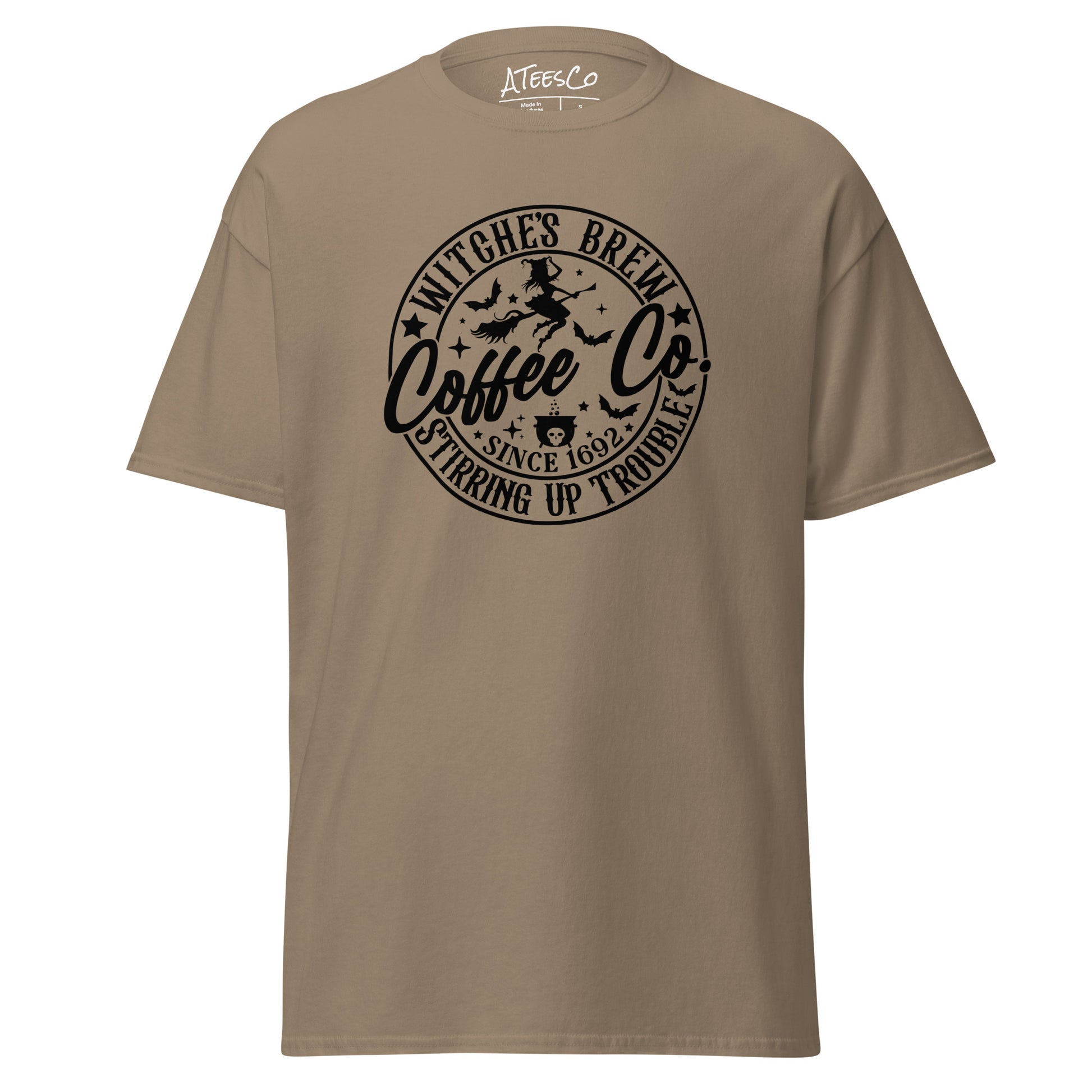 Witches Brew Coffee Co Stirring Up Trouble (Halloween) T-Shirt Color: Brown Savana