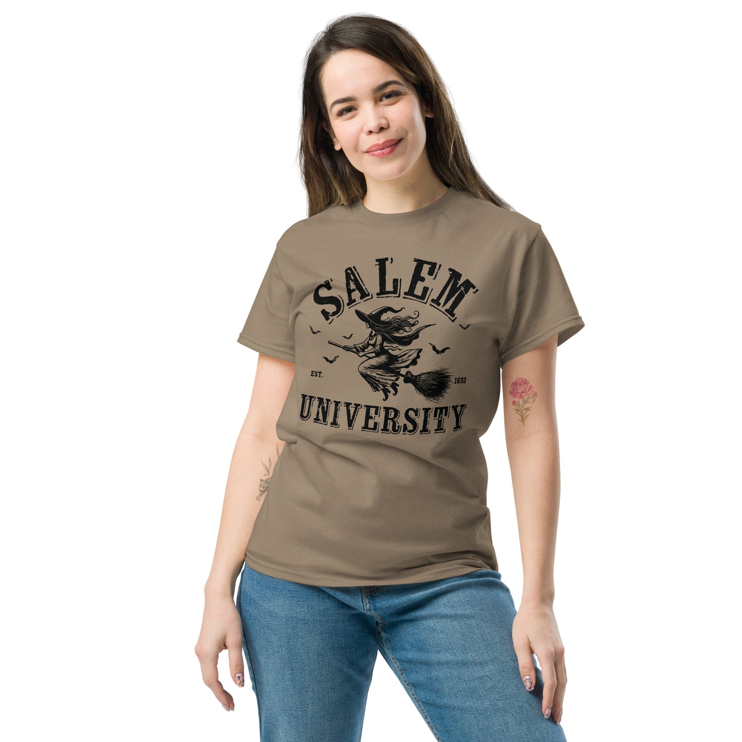 Salem University T-Shirt (Halloween Witch Riding Broom Tee) Color: Red