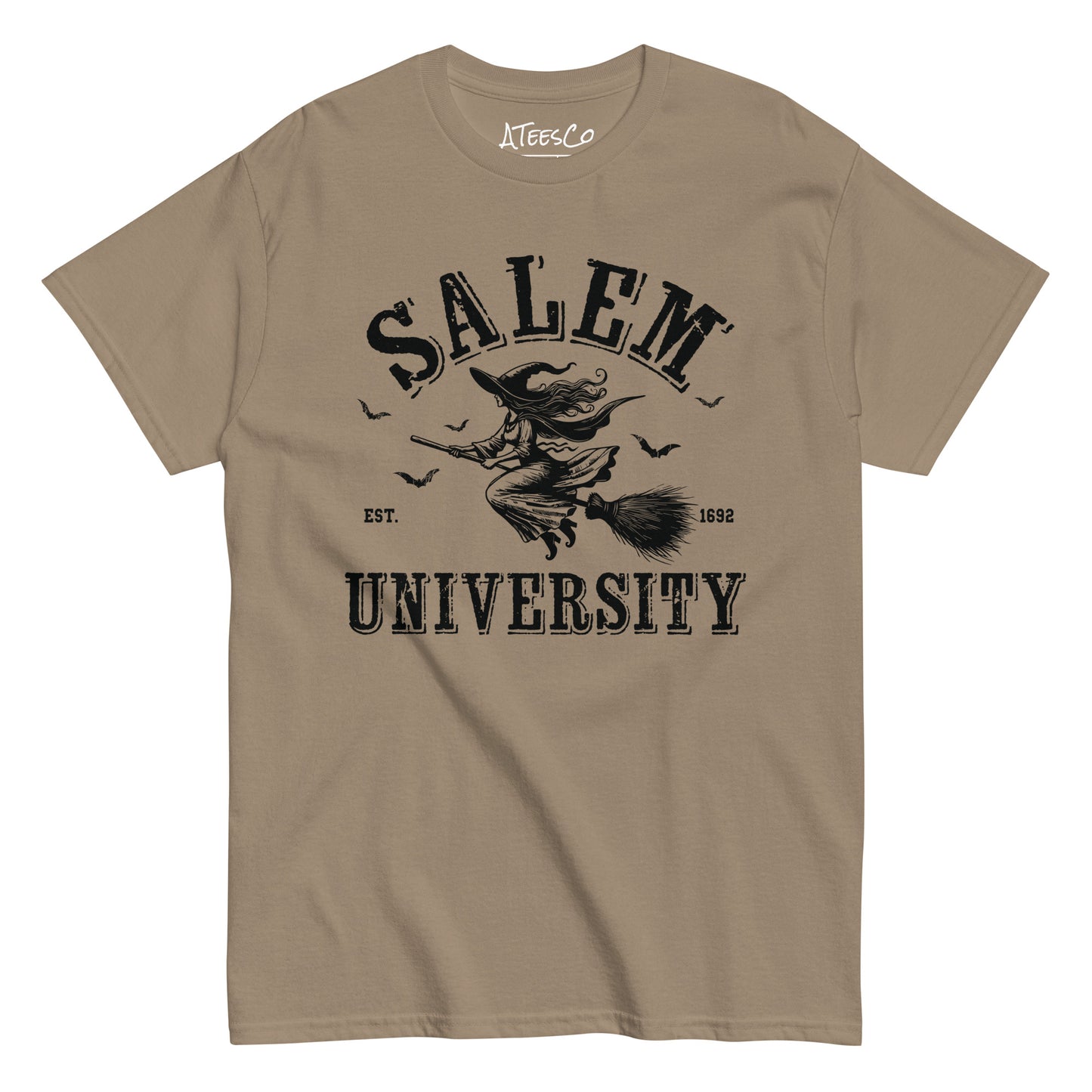 Salem University T-Shirt (Halloween Witch Riding Broom Tee) Color: Brown Savana