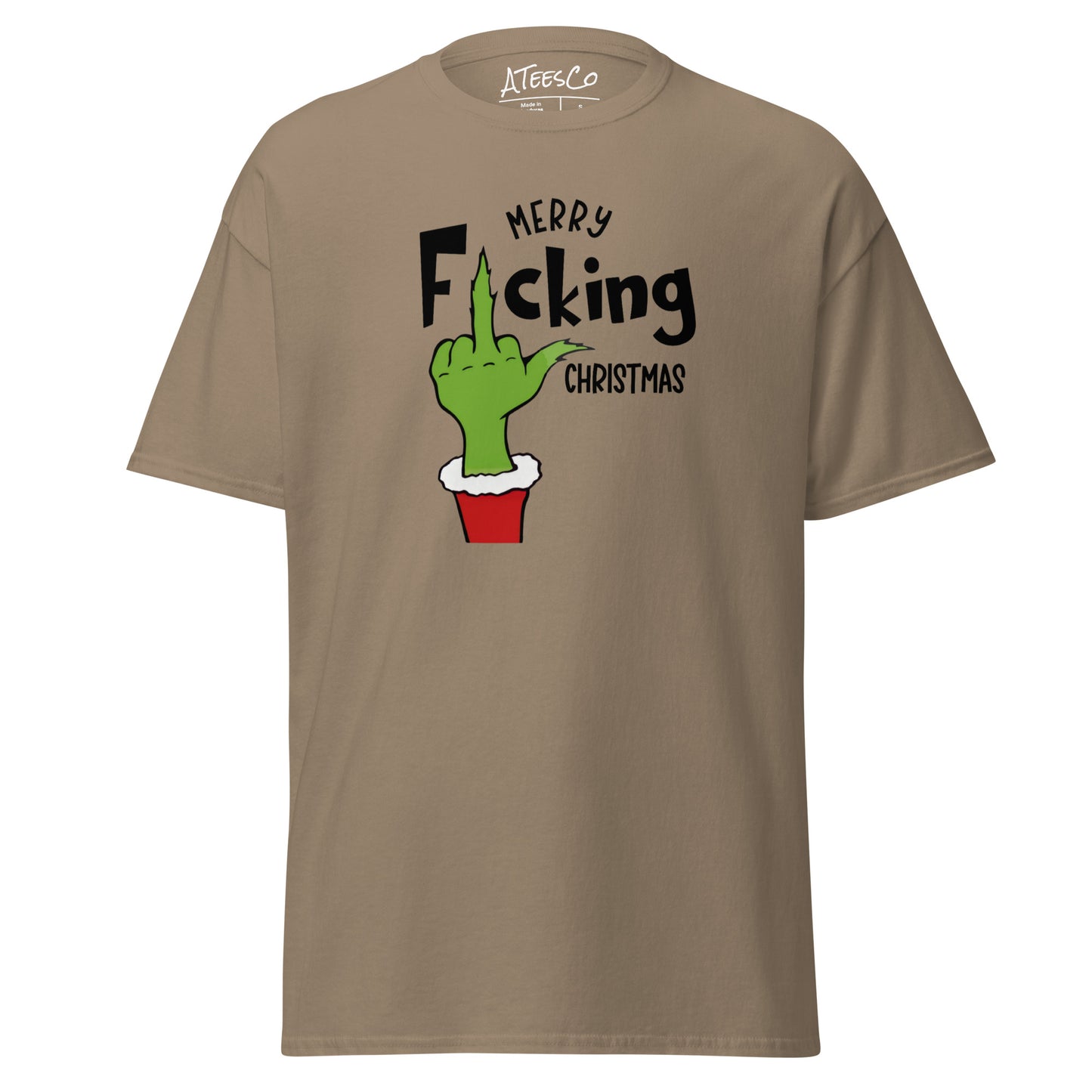 Merry F*cking Christmas grumpy Middle Finger Graphic Tee Shirt - Color: Brown Savana - T-Shirt