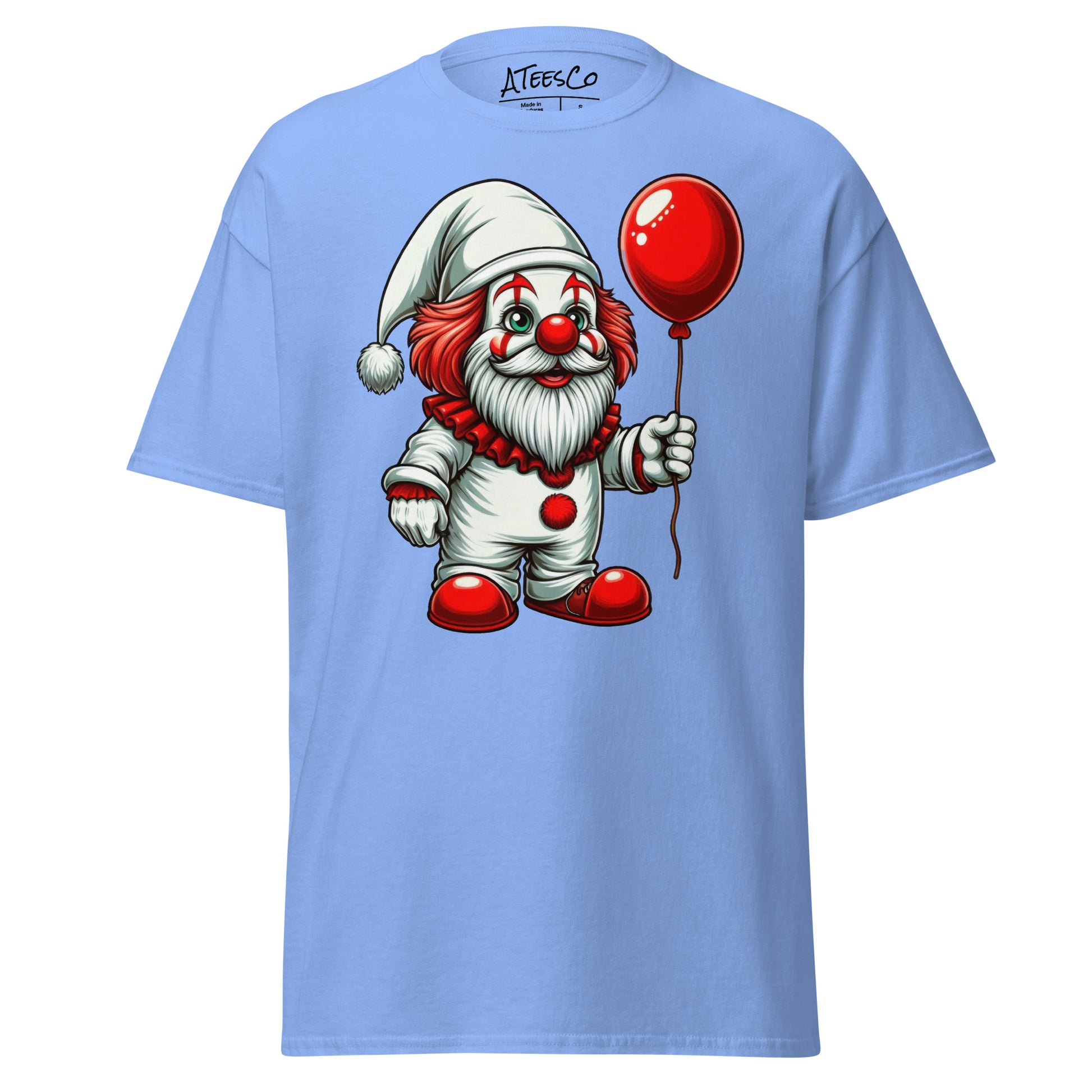 Scary Gnome with Red Balloon T-Shirt Color: Carolina Blue