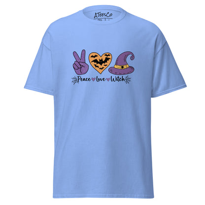 Peace Love Witch T-Shirt (Halloween Witch) Color: Carolina Blue