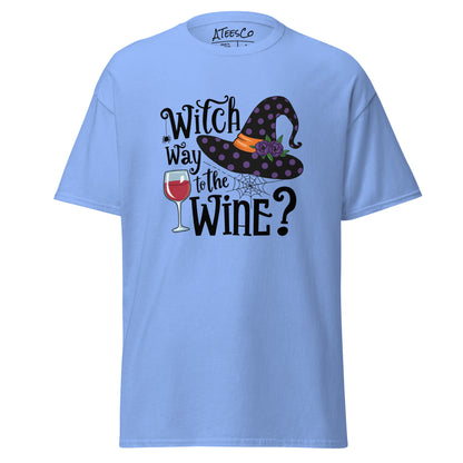 Witch Way To The Wine T-Shirt (Halloween Witch) Color: Carolina Blue