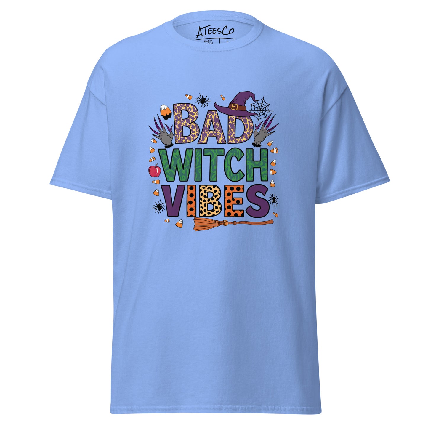 Bad Witch Vibes T-Shirt (Halloween Witch) Color: Carolina Blue