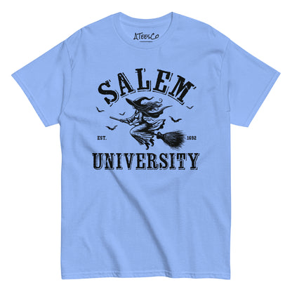 Salem University T-Shirt (Halloween Witch Riding Broom Tee) Color: Carolina Blue