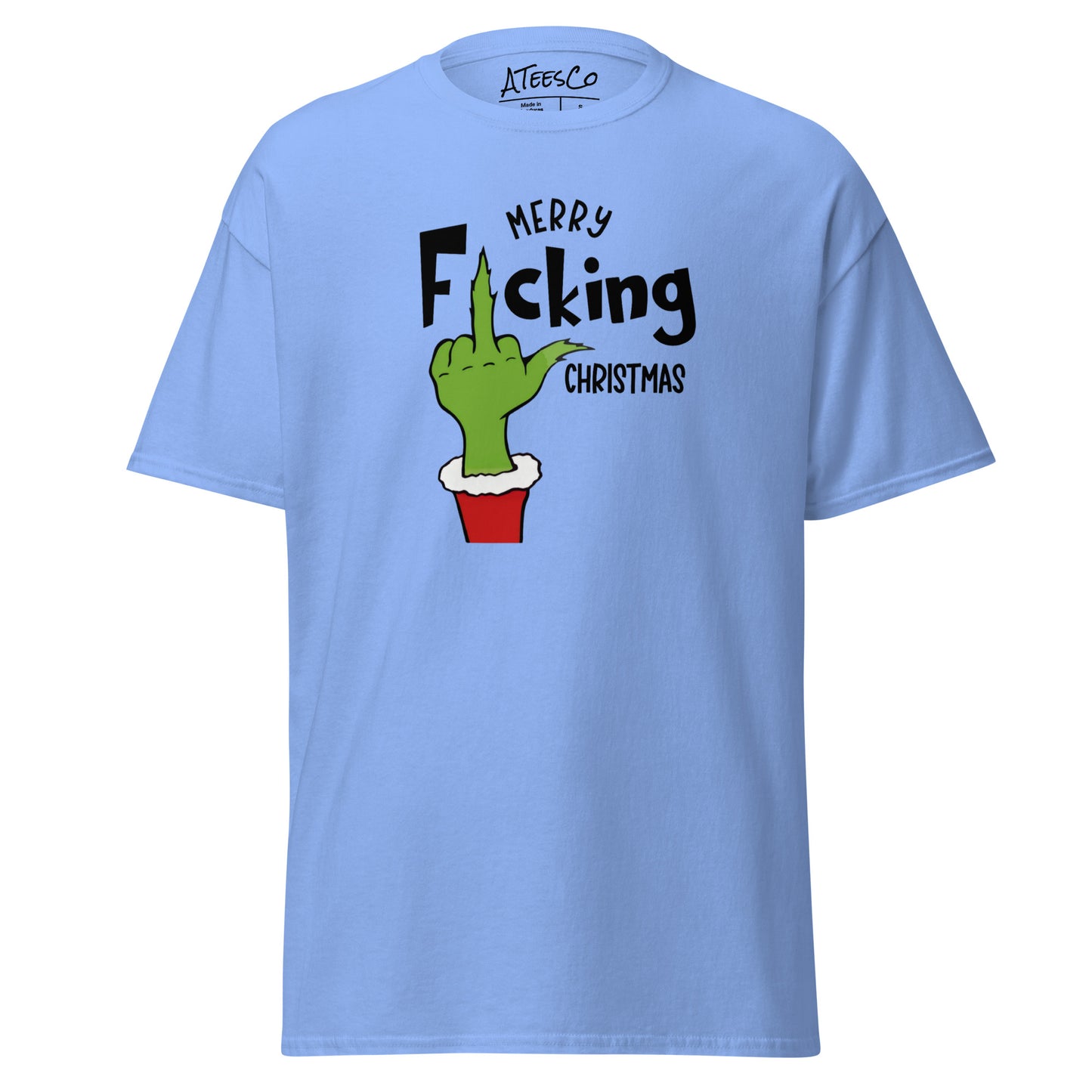 Merry F*cking Christmas grumpy Middle Finger Graphic Tee Shirt - Color: Carolina Blue - T-Shirt