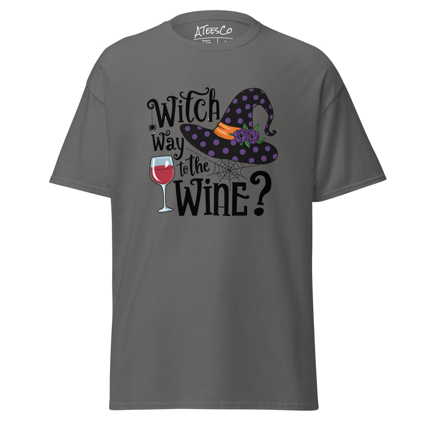 Witch Way To The Wine T-Shirt (Halloween Witch) Color: Charcoal