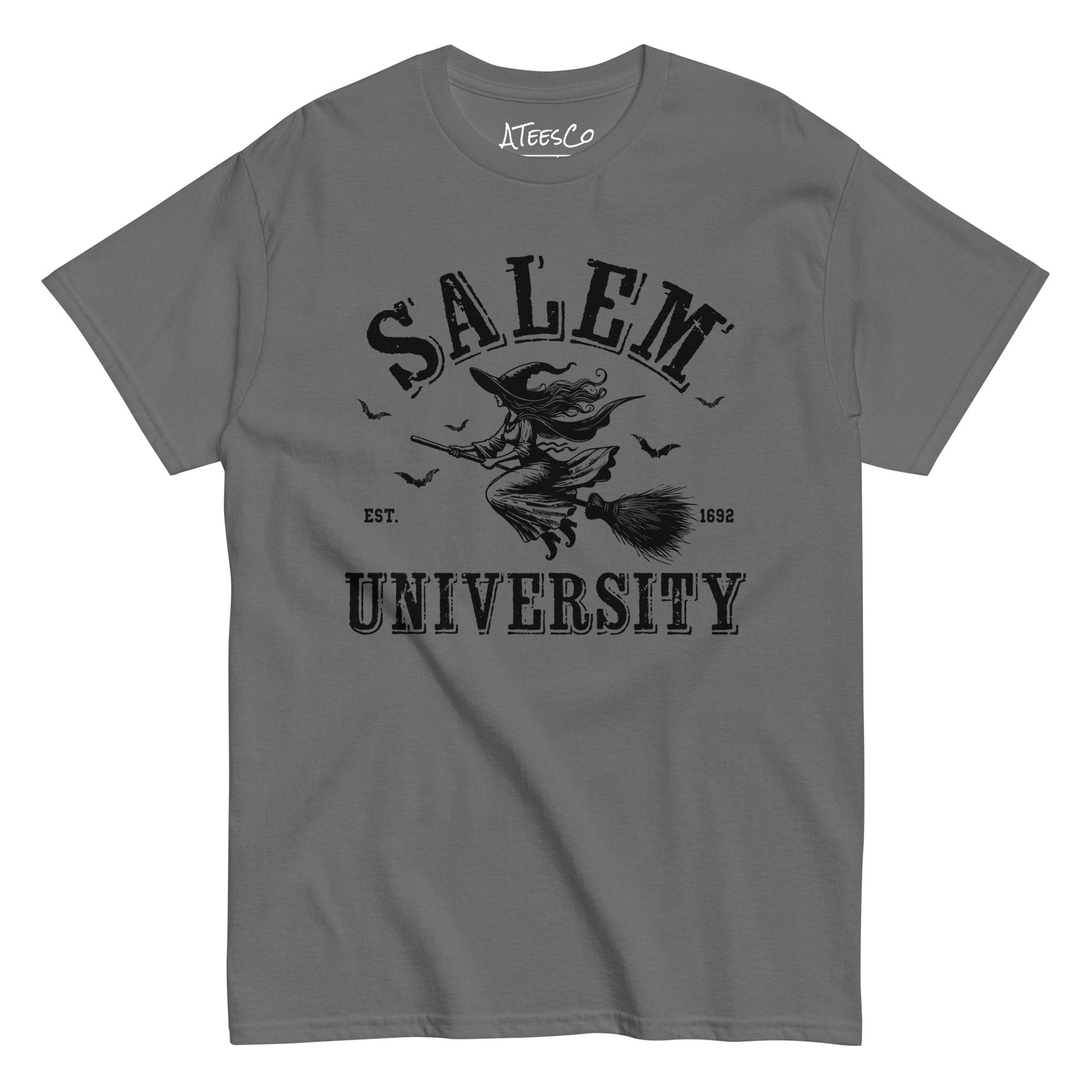 Salem University T-Shirt (Halloween Witch Riding Broom Tee) Color: Charcoal