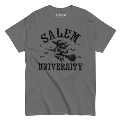 Salem University T-Shirt (Halloween Witch Riding Broom Tee) Color: Charcoal