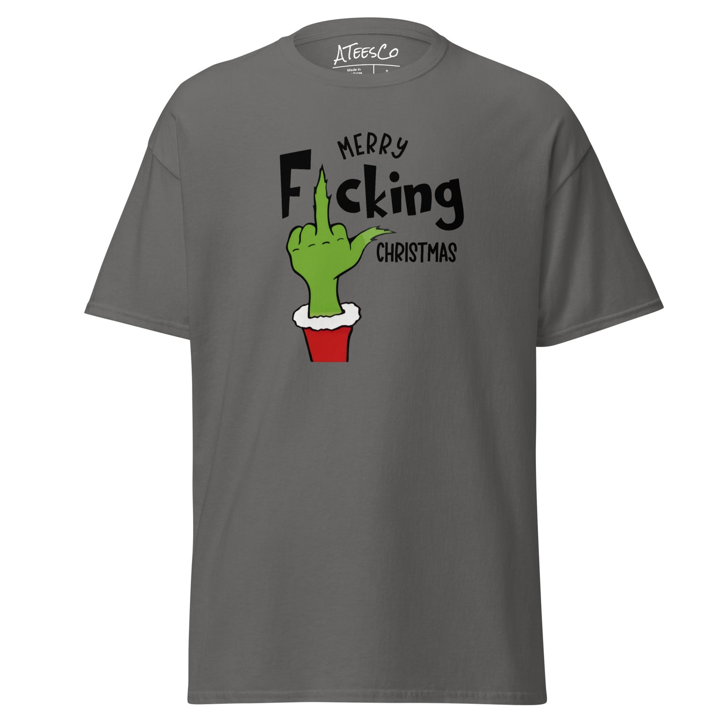 Merry F*cking Christmas grumpy Middle Finger Graphic Tee Shirt - Color: Charcoal - T-Shirt