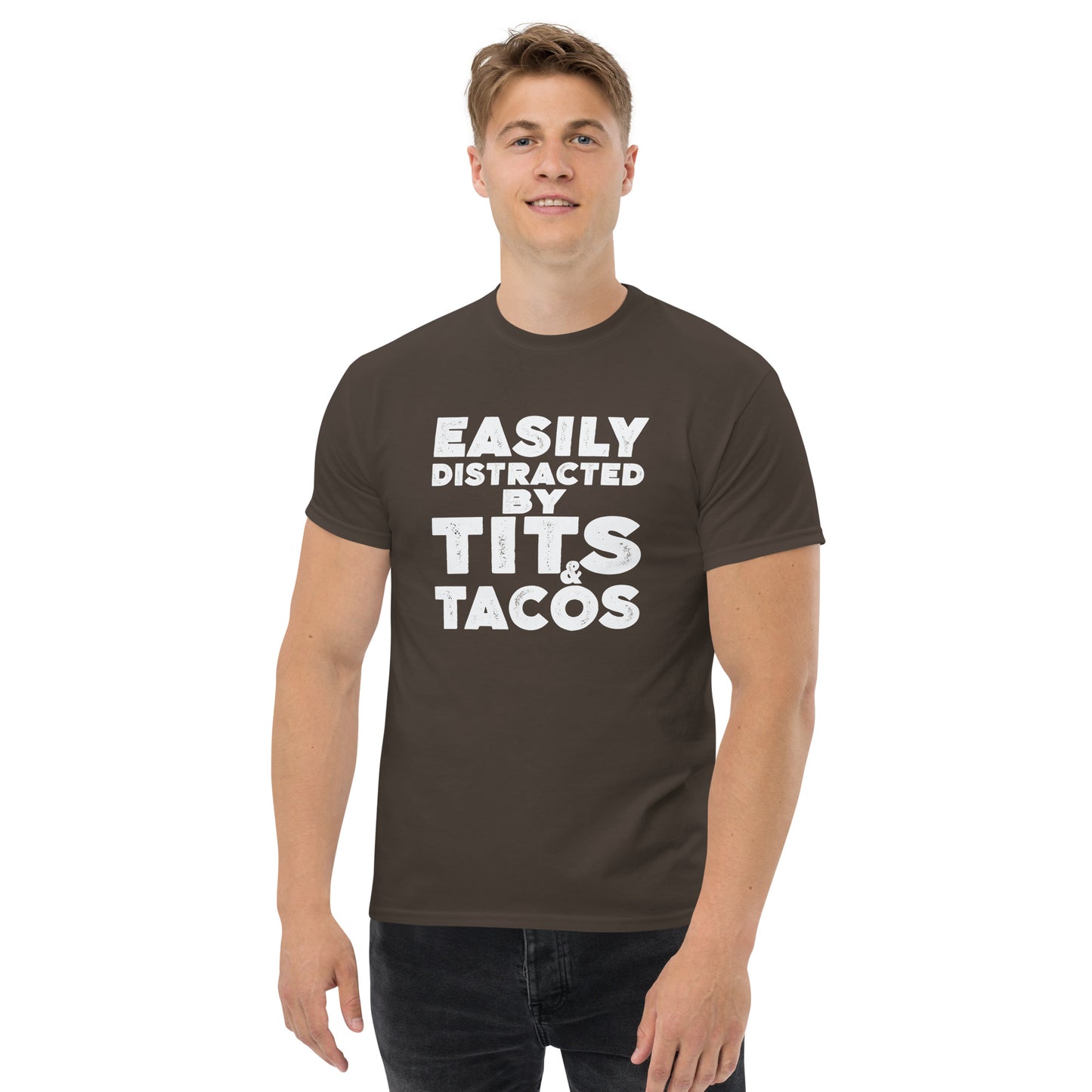 Easily Distracted by Tits and Tacos Graphic Tee Shirt - Color: Dark Chocolate