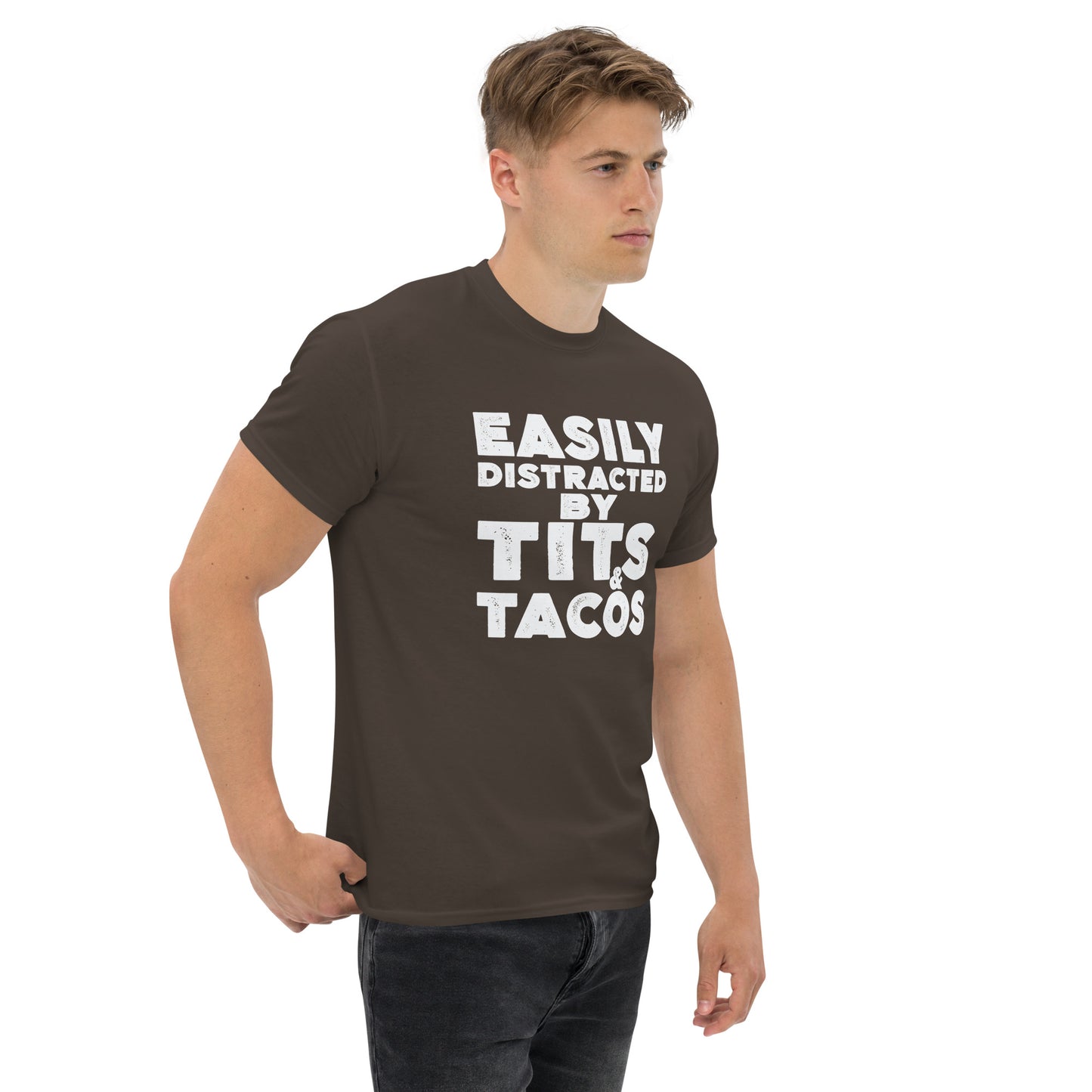 Easily Distracted by Tits and Tacos Graphic Tee Shirt - Color: Maroon