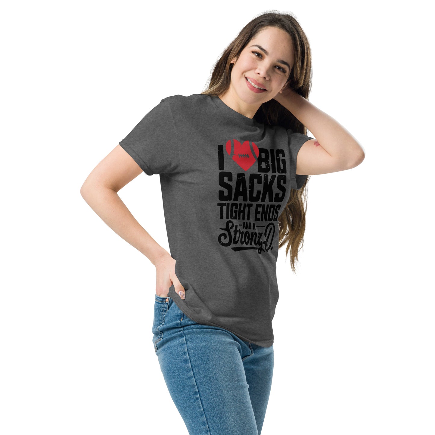 I Love Big Sacks Tight Ends and A Strong D T-Shirt (Football Season) - Color: Royal