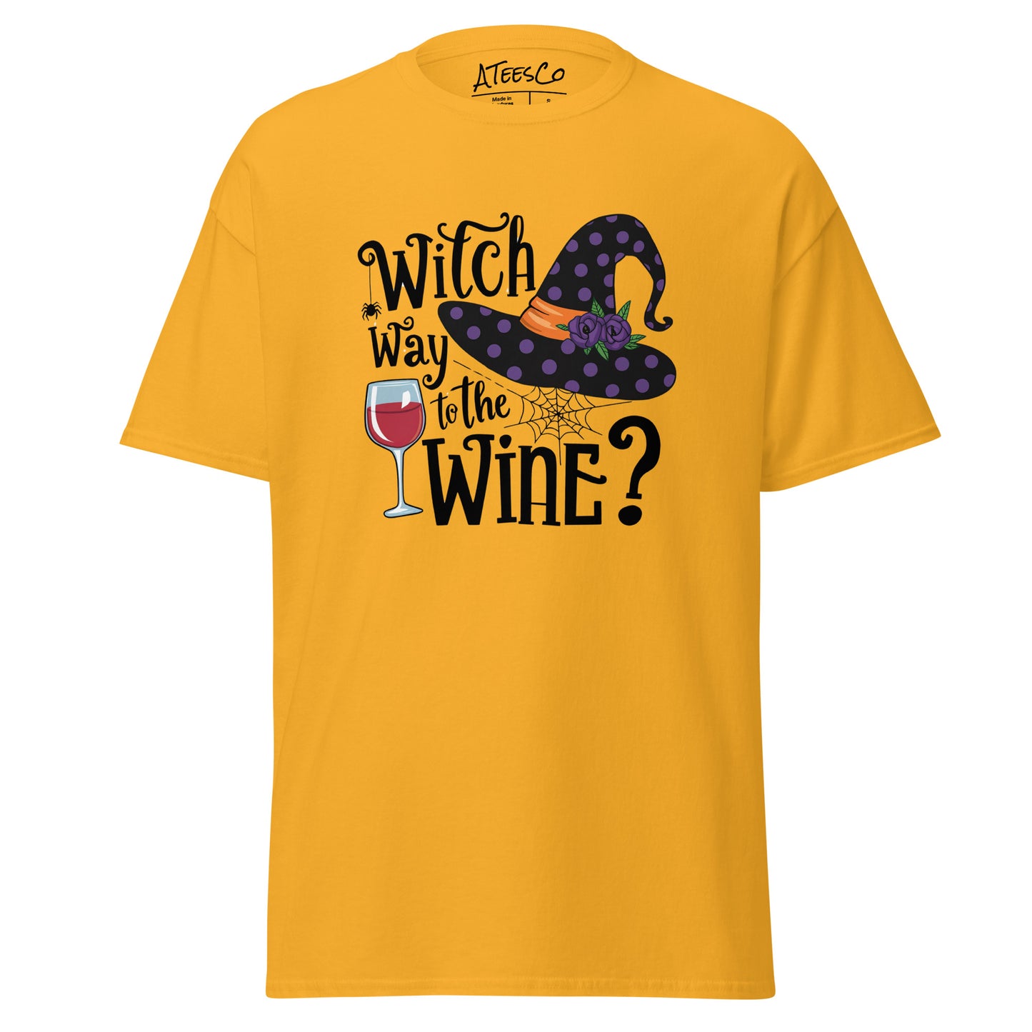 Witch Way To The Wine T-Shirt (Halloween Witch) Color: Gold