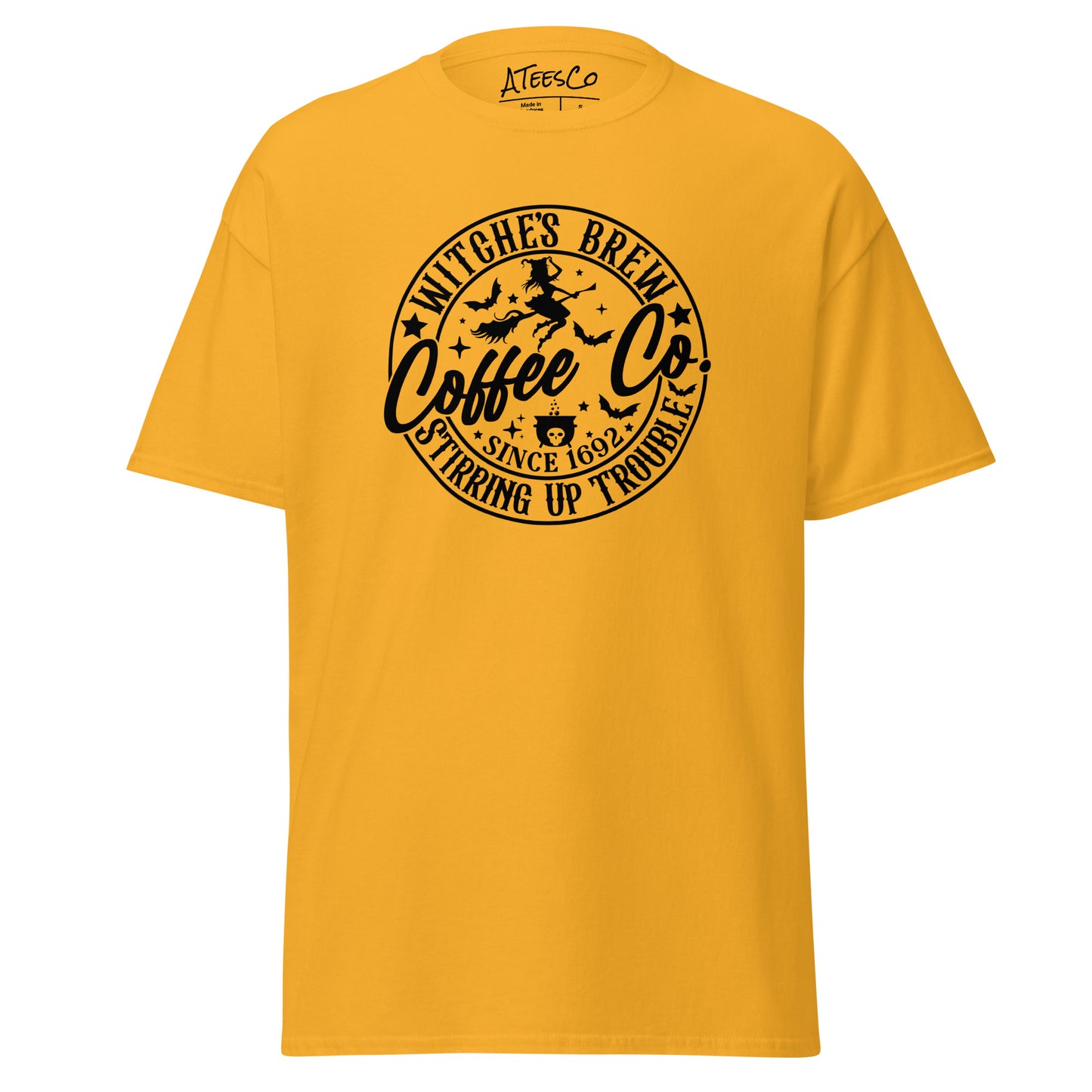 Witches Brew Coffee Co Stirring Up Trouble (Halloween) T-Shirt Color: Gold