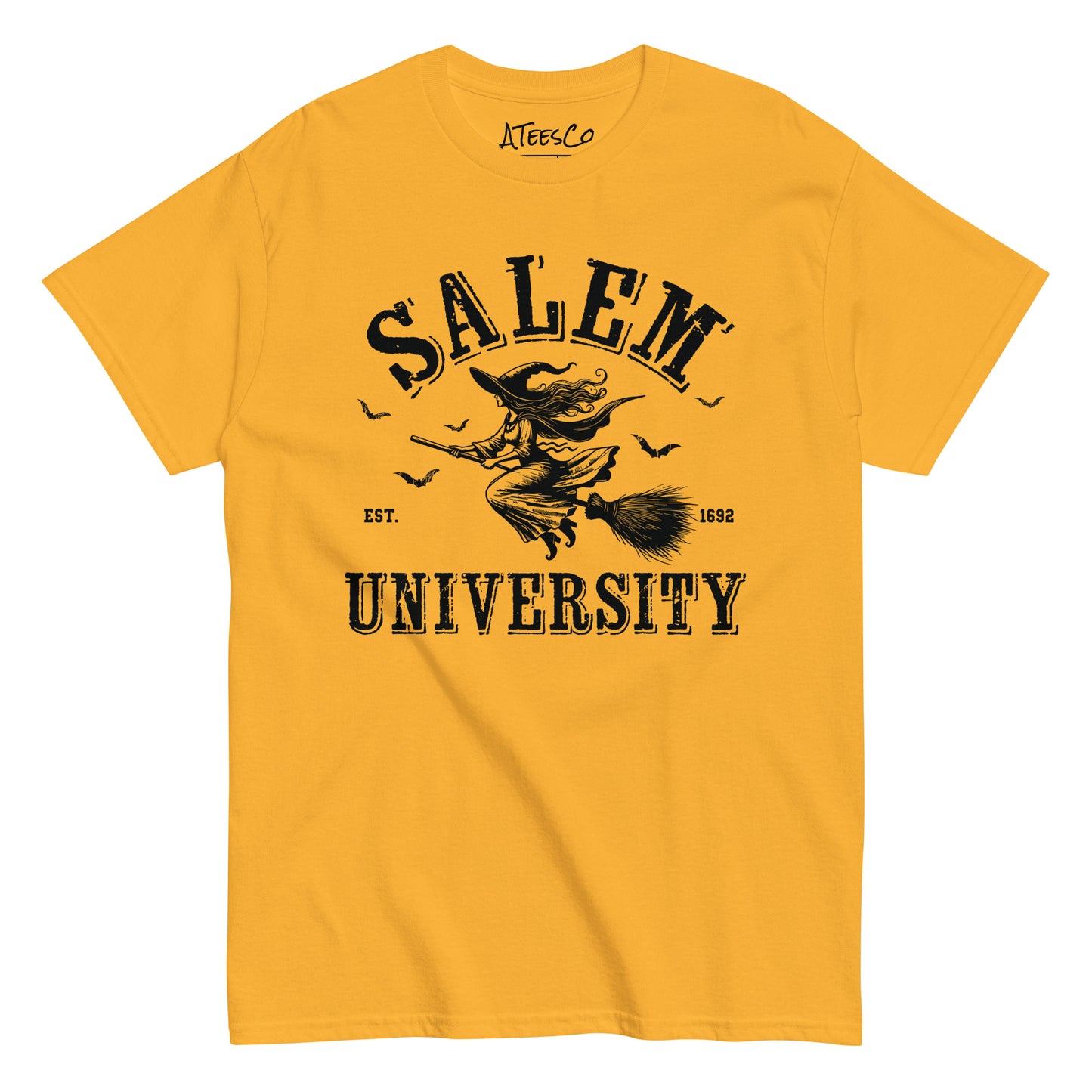 Salem University T-Shirt (Halloween Witch Riding Broom Tee) Color: Gold