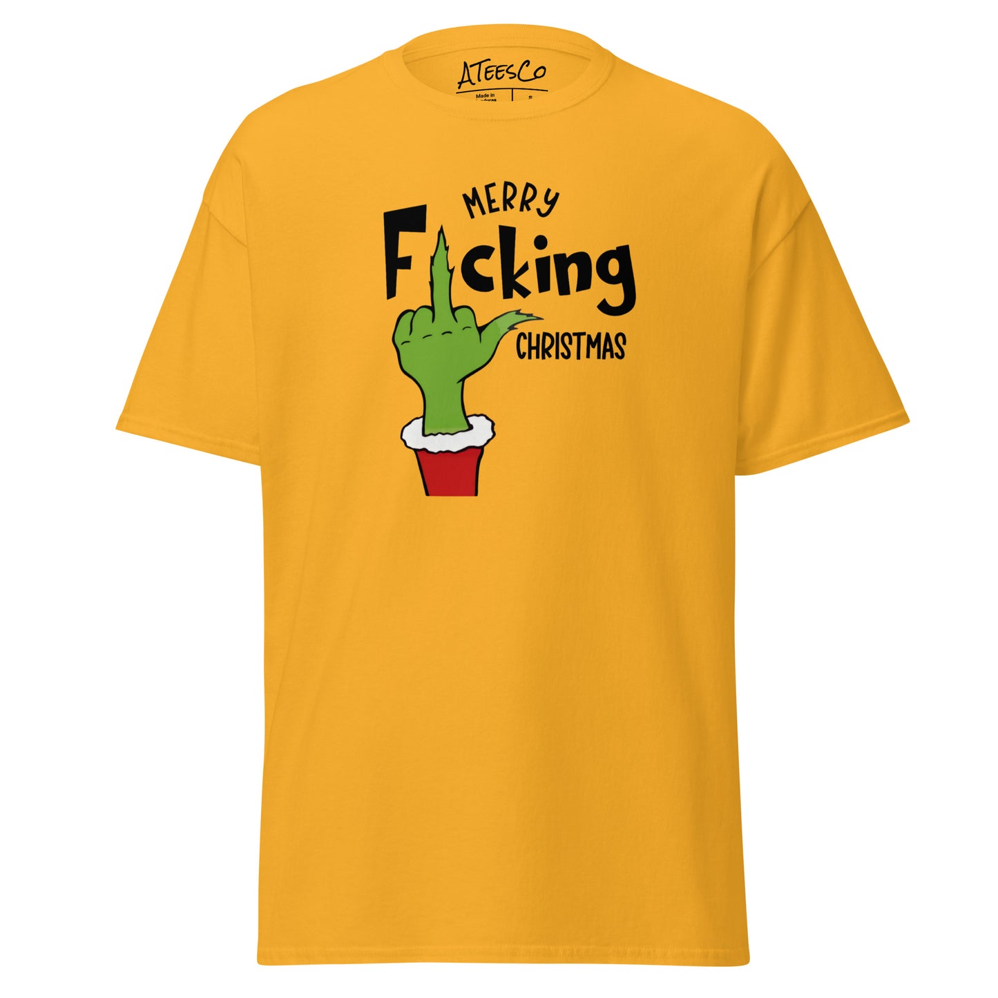 Merry F*cking Christmas grumpy Middle Finger Graphic Tee Shirt - Color: Gold - T-Shirt