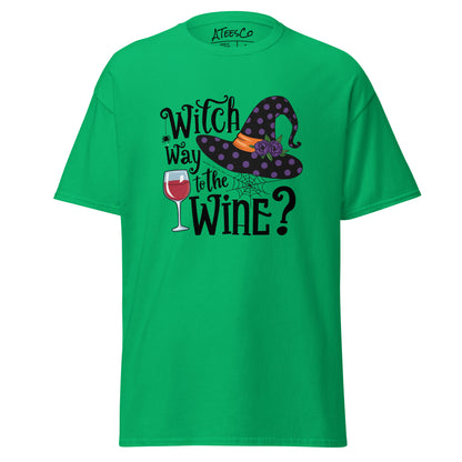 Witch Way To The Wine T-Shirt (Halloween Witch) Color: Irish Green