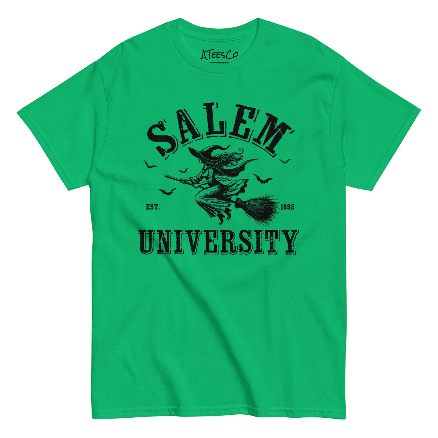 Salem University T-Shirt (Halloween Witch Riding Broom Tee) Color: Irish Green