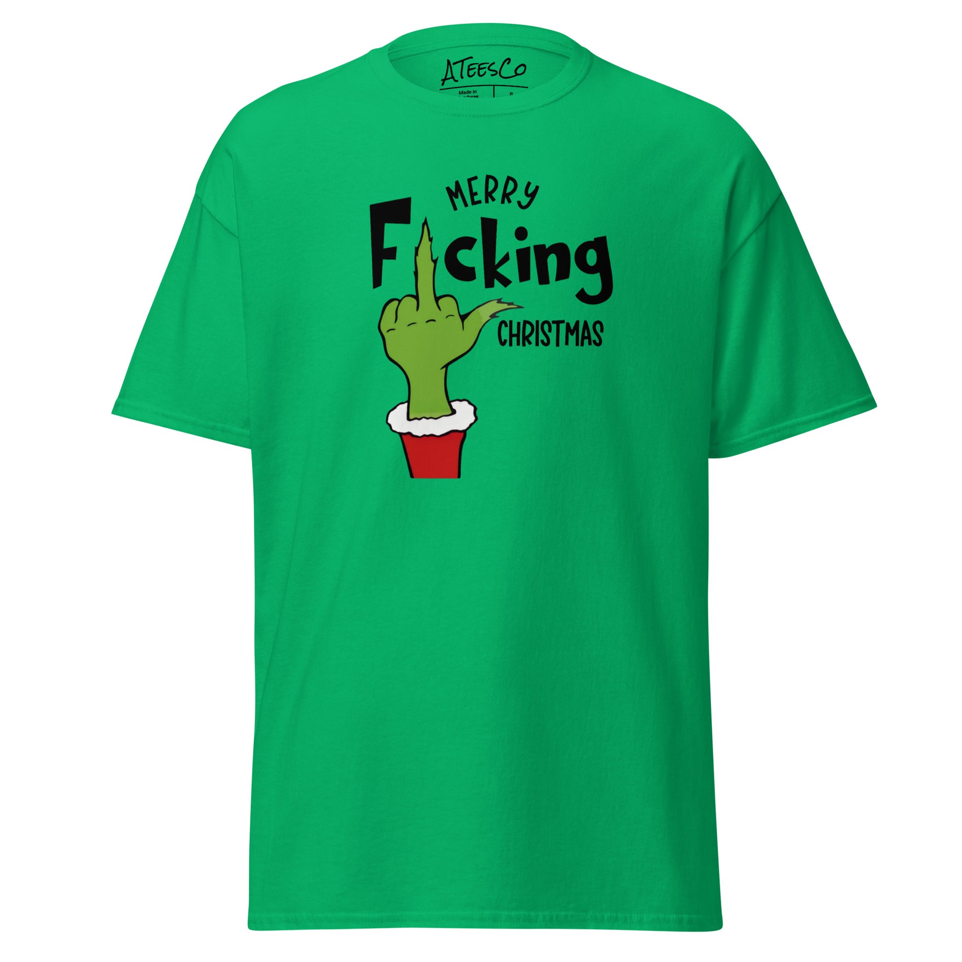 Merry F*cking Christmas grumpy Middle Finger Graphic Tee Shirt - Color: Irish Green - T-Shirt