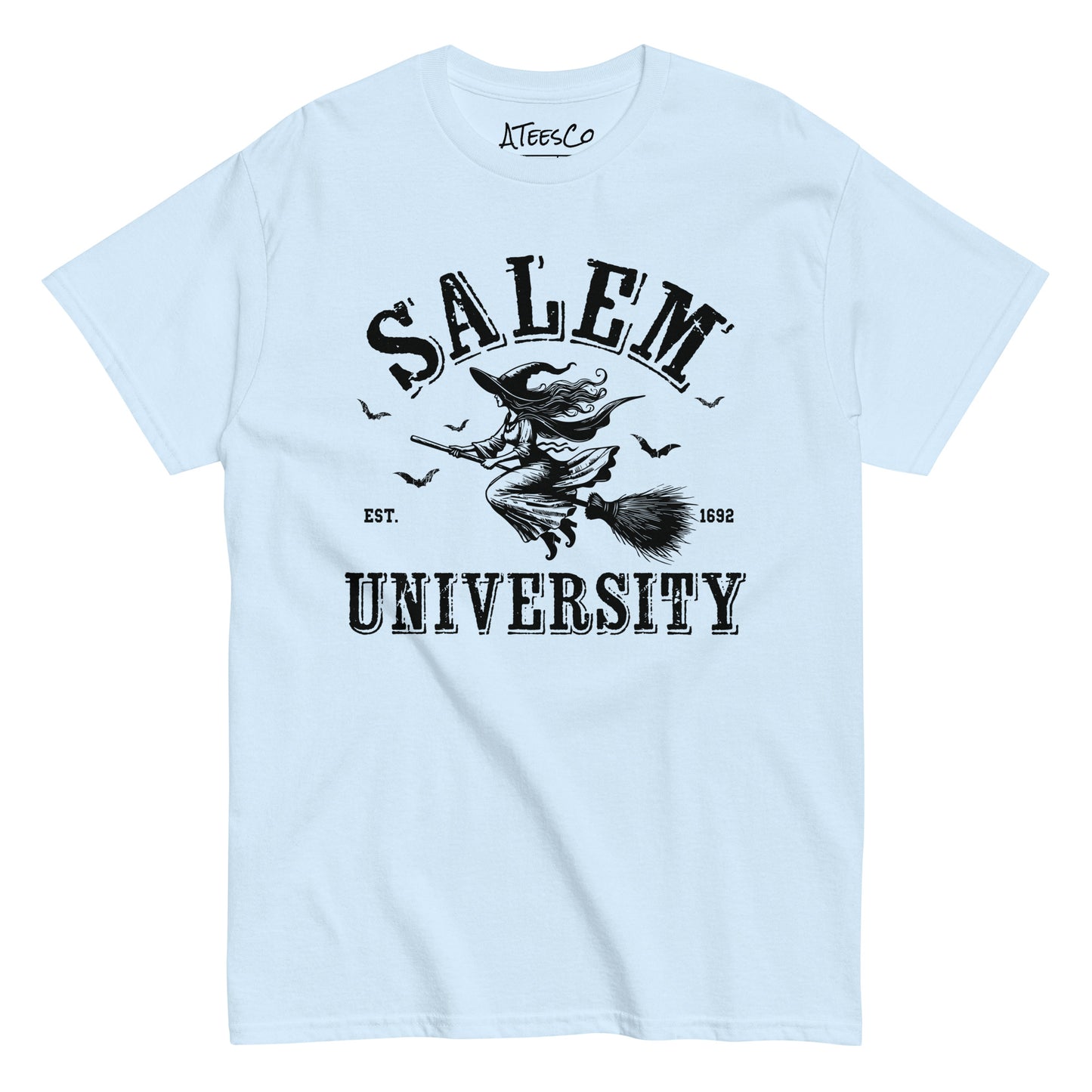 Salem University T-Shirt (Halloween Witch Riding Broom Tee) Color: Light Blue