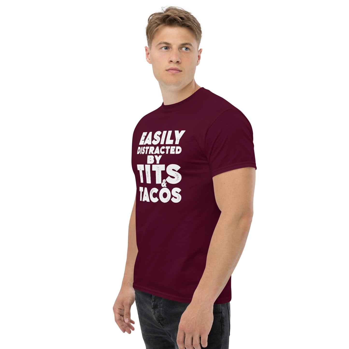 Easily Distracted by Tits and Tacos Graphic Tee Shirt - Color: Maroon